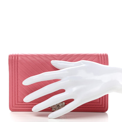 Chanel Calfskin Chevron Quilted Boy Yen Wallet Pink 2 of 9