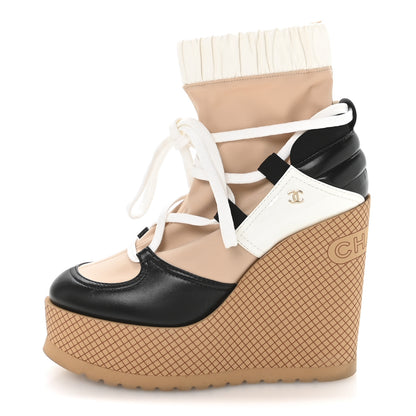 Chanel Fabric Lambskin Calfskin Runway Wedge Short Platform Boots 37 Black White Beige 1 of 8