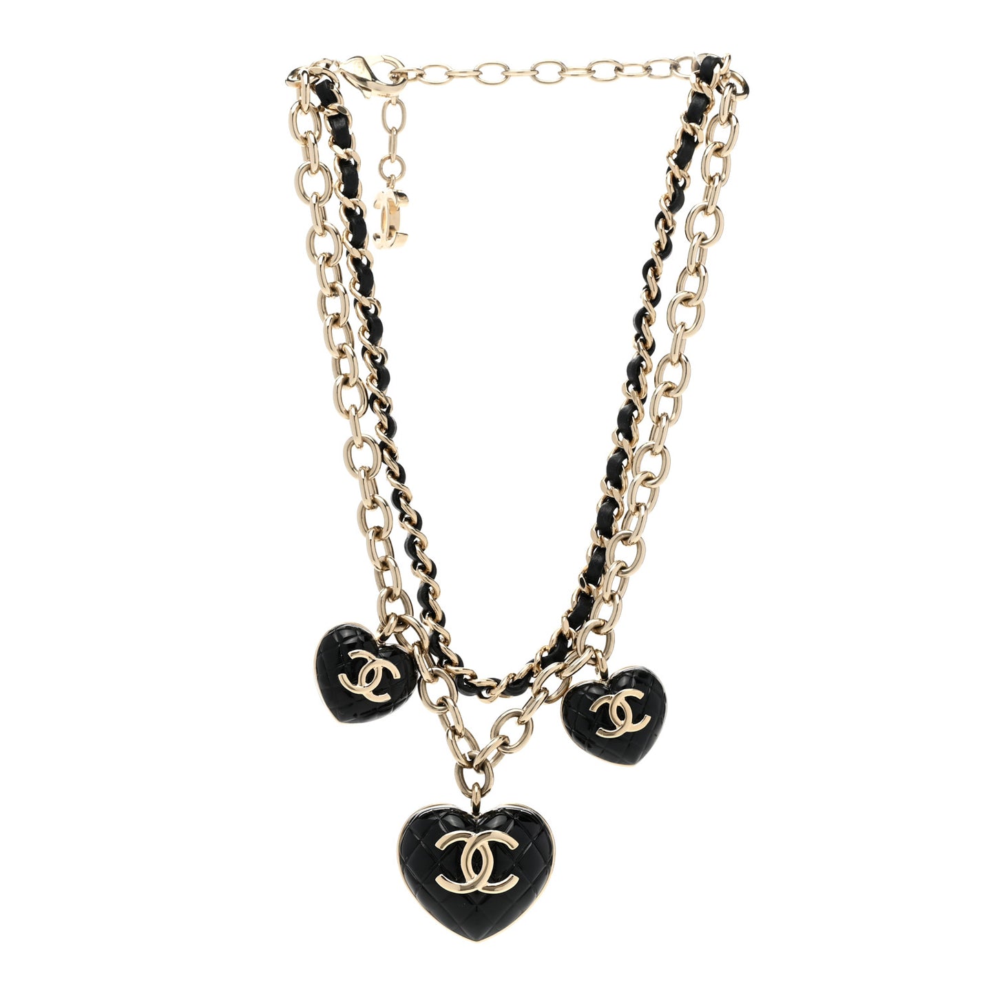 Metal Lambskin Resin Quilted CC Heart Necklace Black Gold