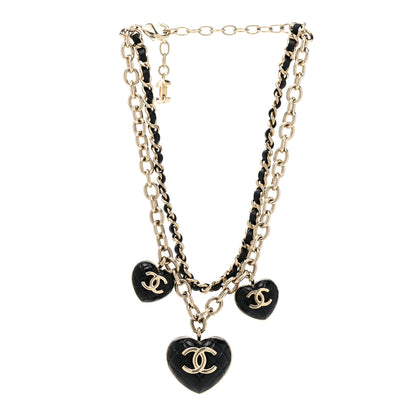Chanel Metal Lambskin Resin Quilted CC Heart Necklace Black Gold 4 of 6