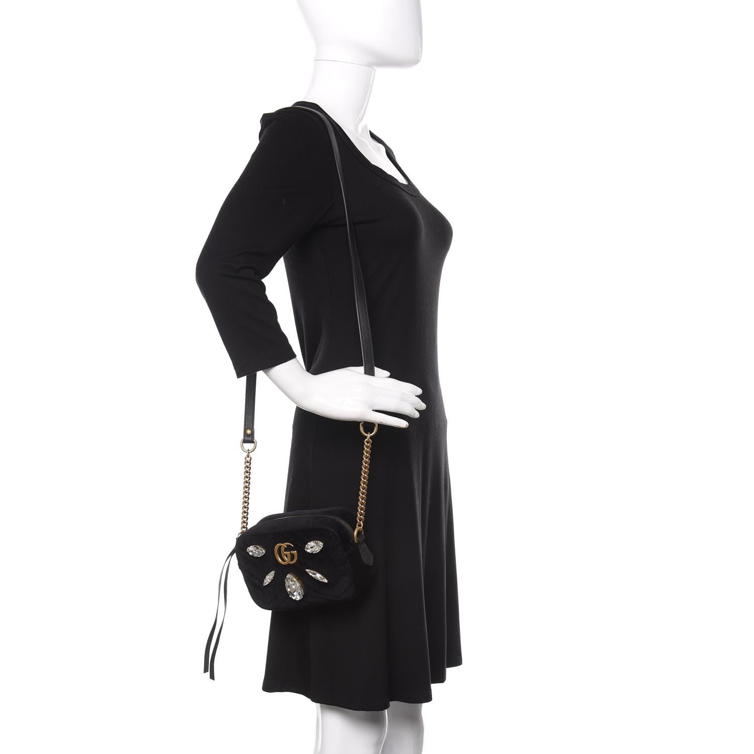 Gucci Velvet Matelasse Marquise Crystals Mini GG Marmont Chain Shoulder Bag Black 2 of 9