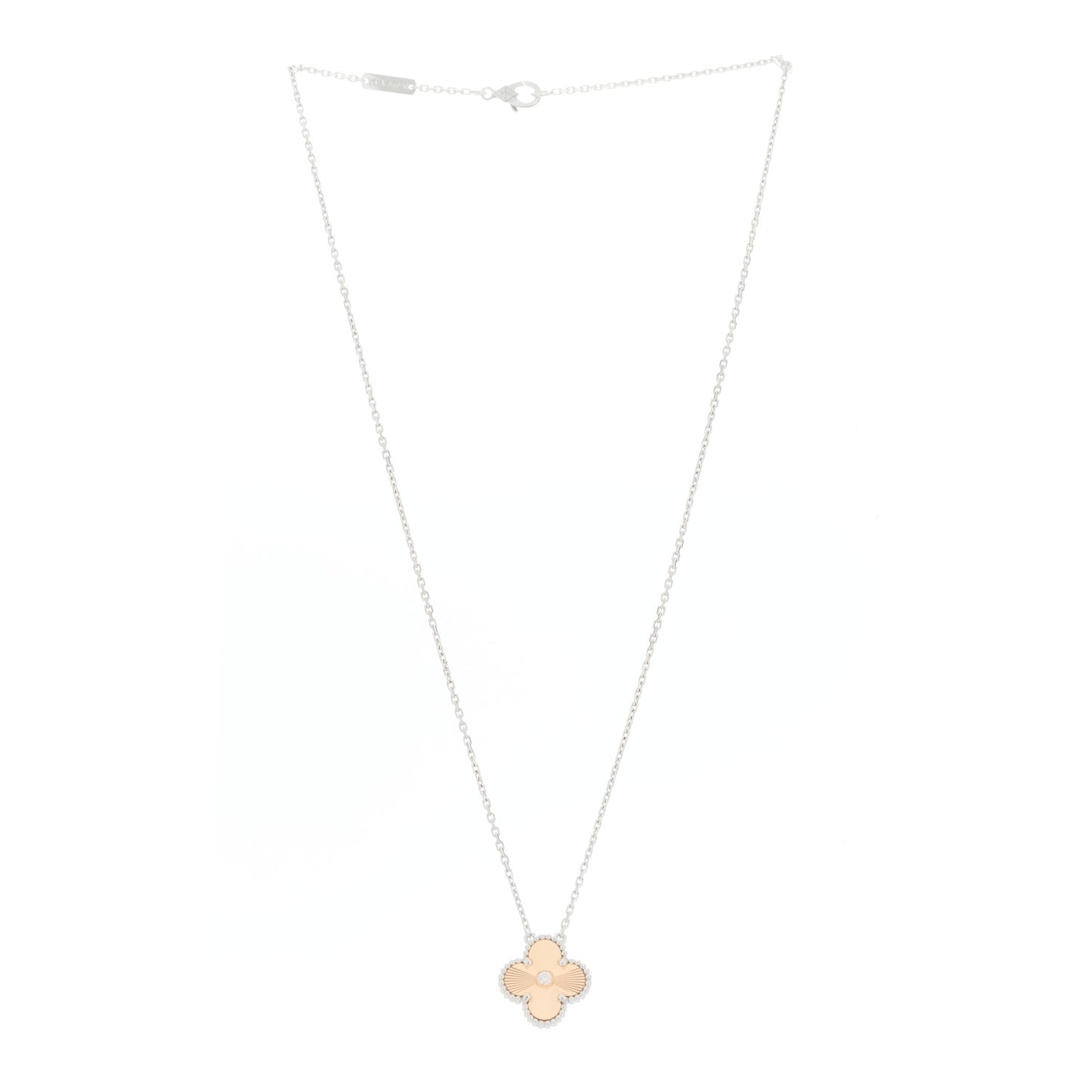 18K White Rose Gold Diamond Guilloche Vintage Alhambra Pendant Necklace