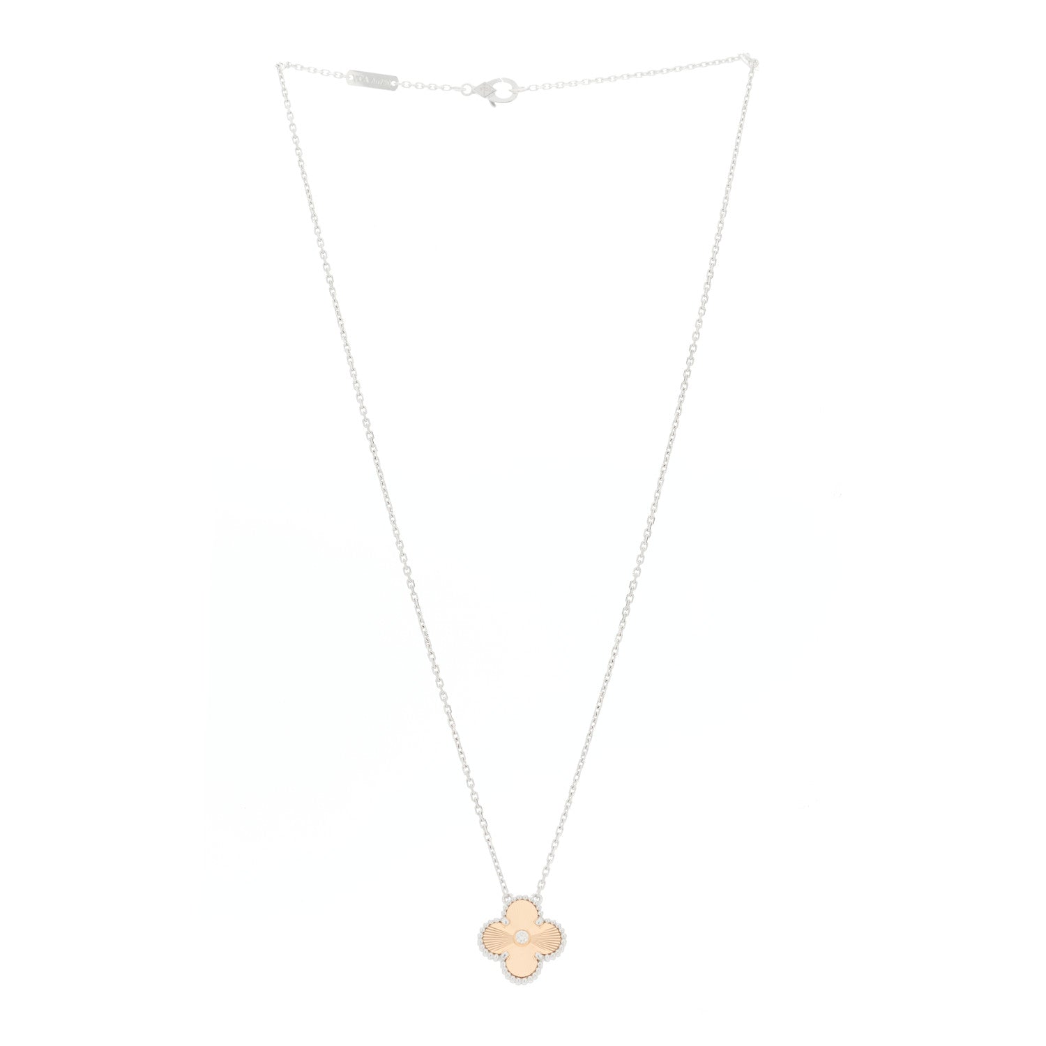 Van Cleef & Arpels 18K White Rose Gold Diamond Guilloche Vintage Alhambra Pendant Necklace 3 of 6