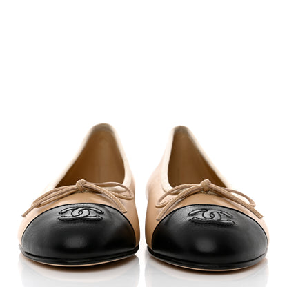 Chanel Lambskin Cap Toe CC Ballerina Flats 37.5 Beige Black 2 of 9