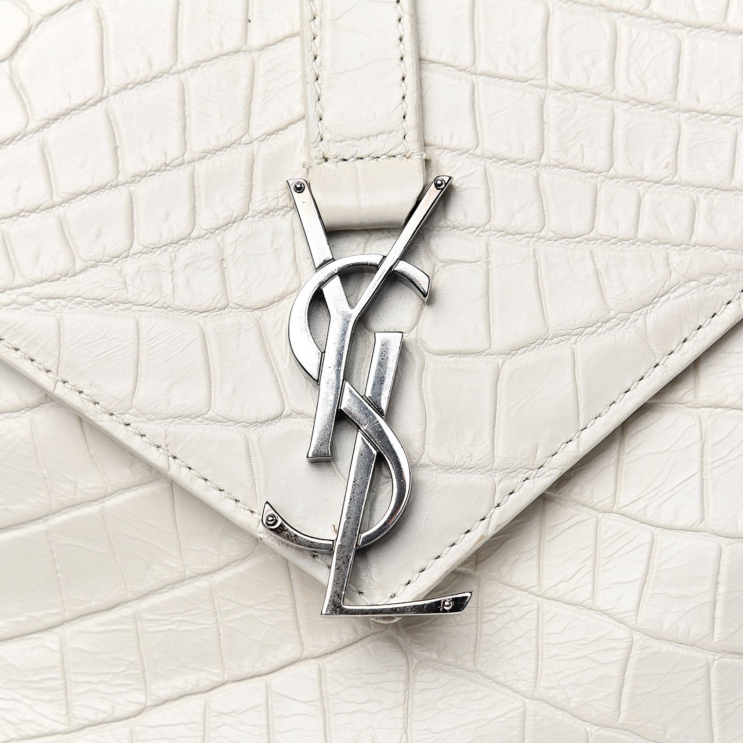Calfskin Crocodile Embossed Medium College Monogram Satchel Dove White