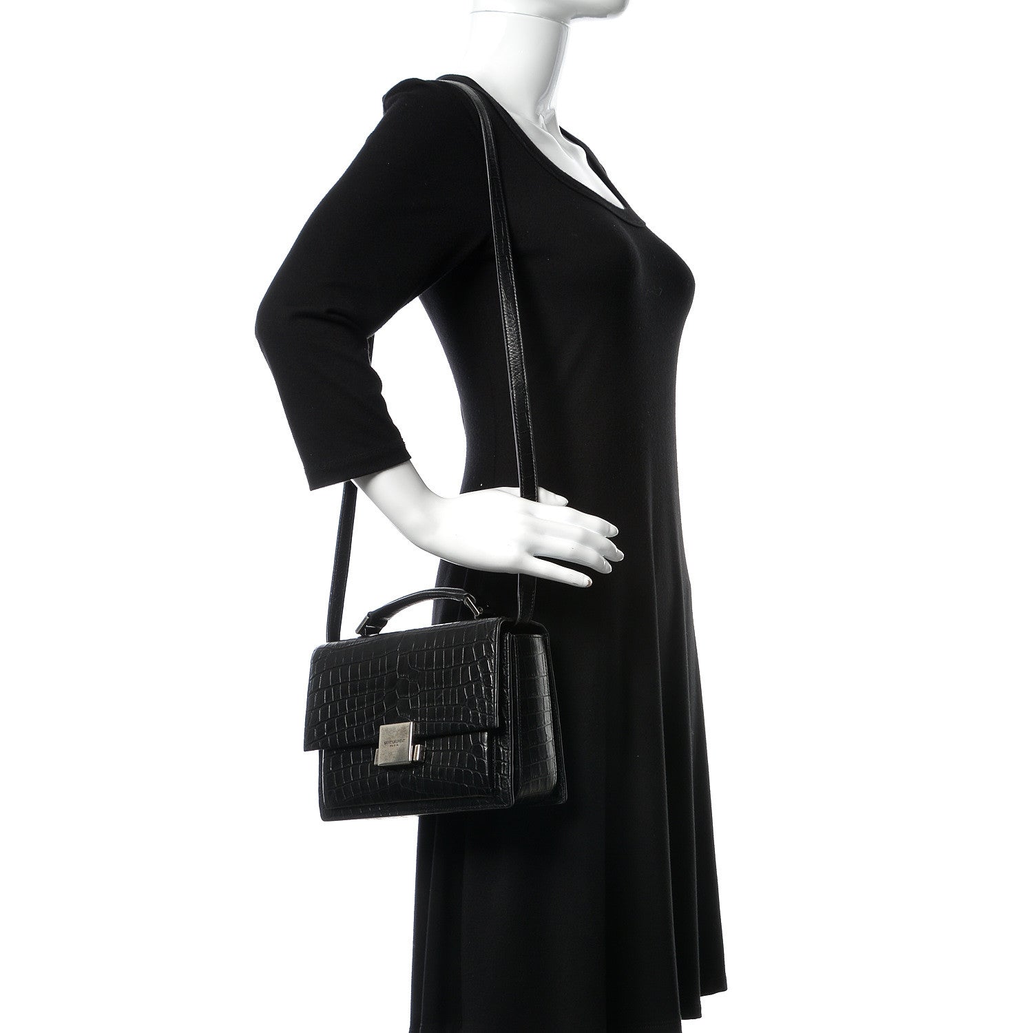 Saint Laurent Calfskin Crocodile Embossed Medium Bellechasse Satchel Black 2 of 9