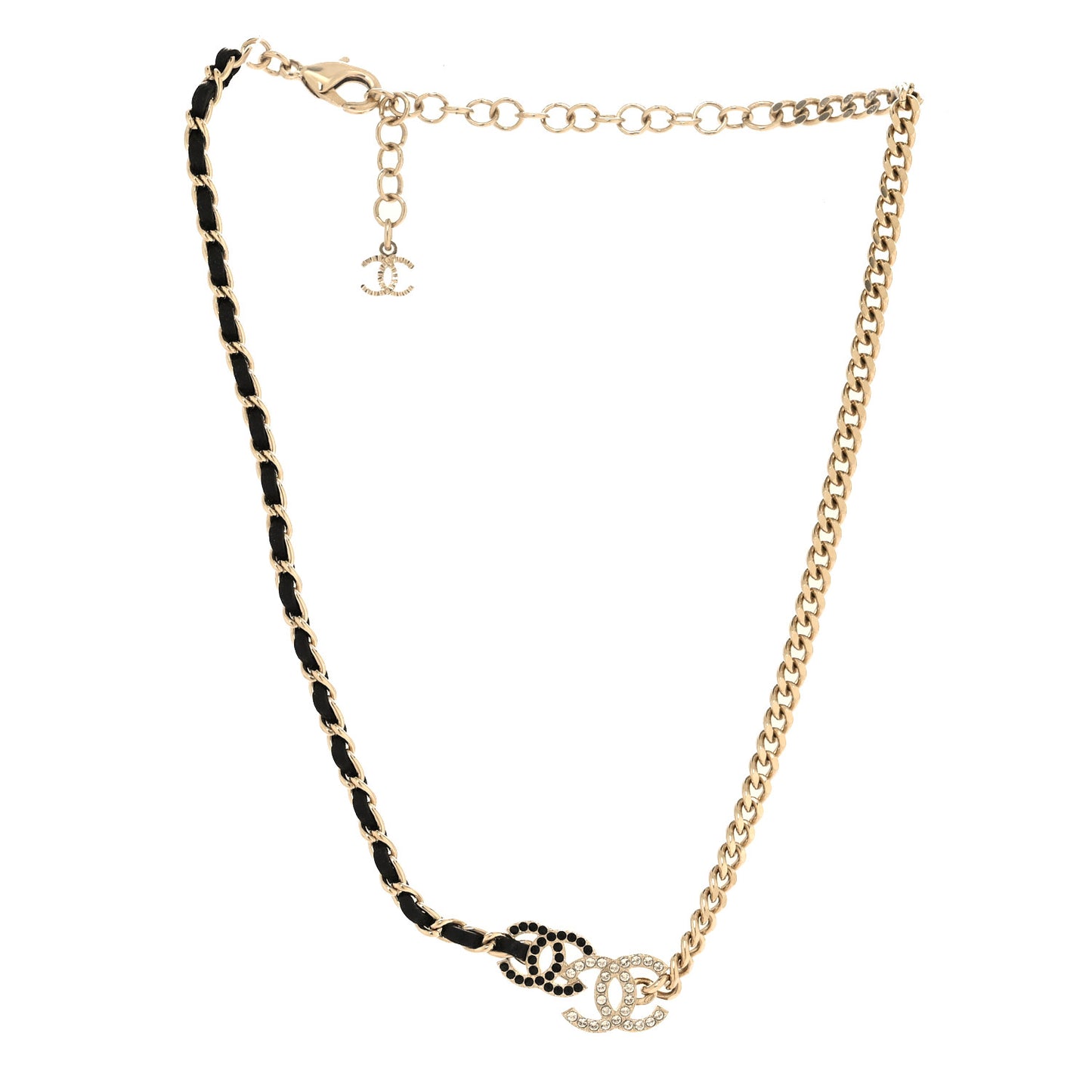 Metal Lambskin Crystal Double CC Short Necklace Black Gold