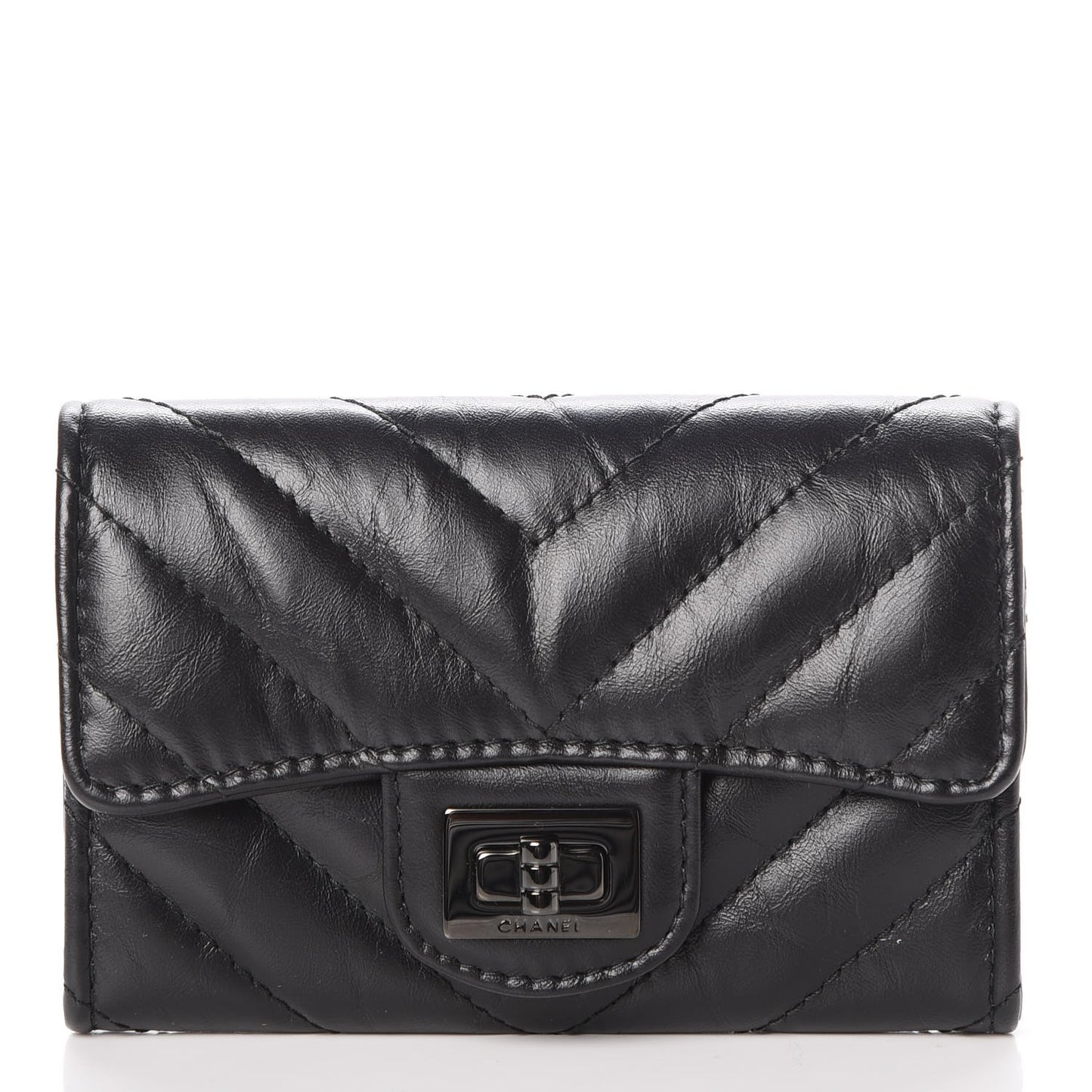 Aged Calfskin Chevron Reissue Card Holder Wallet So Black