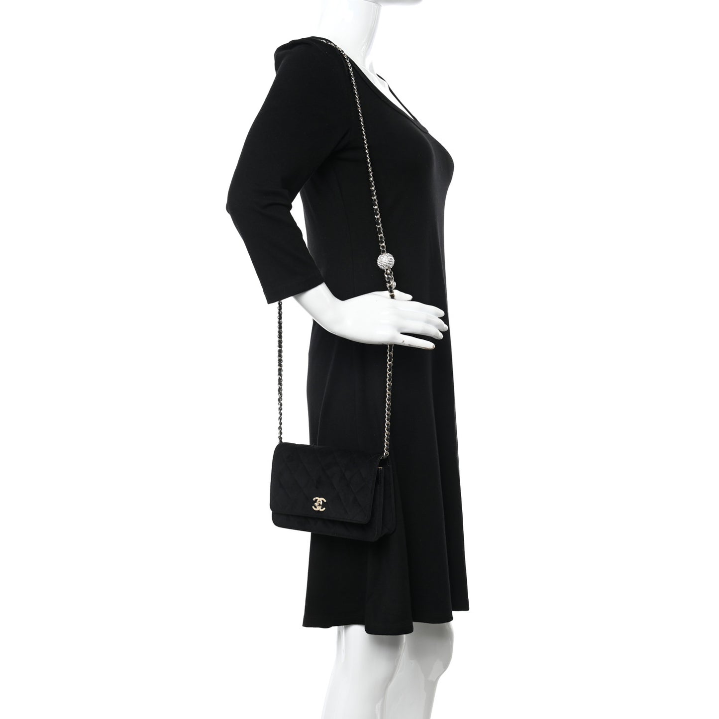 Velvet Quilted Pearl Crush Wallet On Chain WOC Black