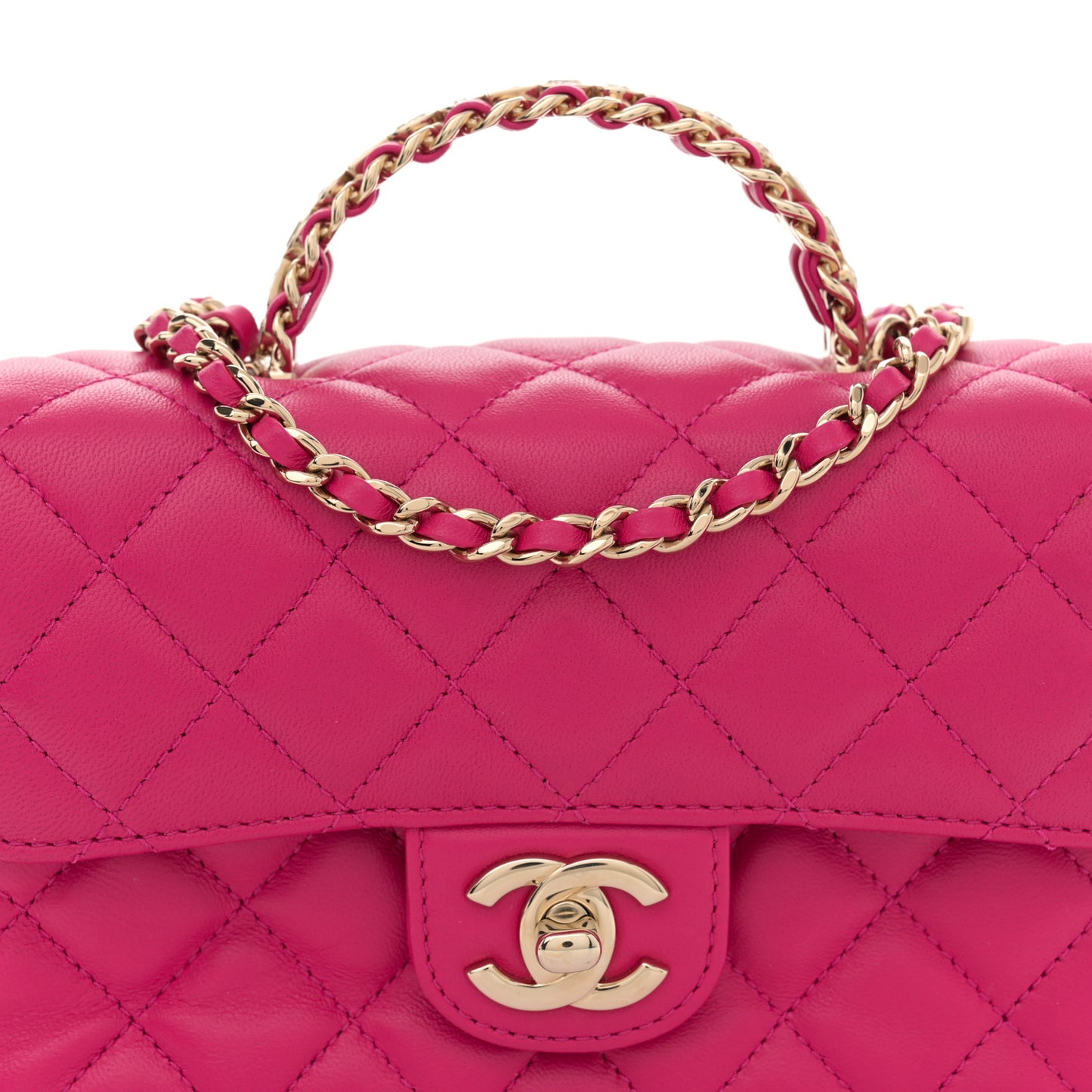 Lambskin Quilted Mini Crystal Top Handle Rectangular Flap Dark Pink