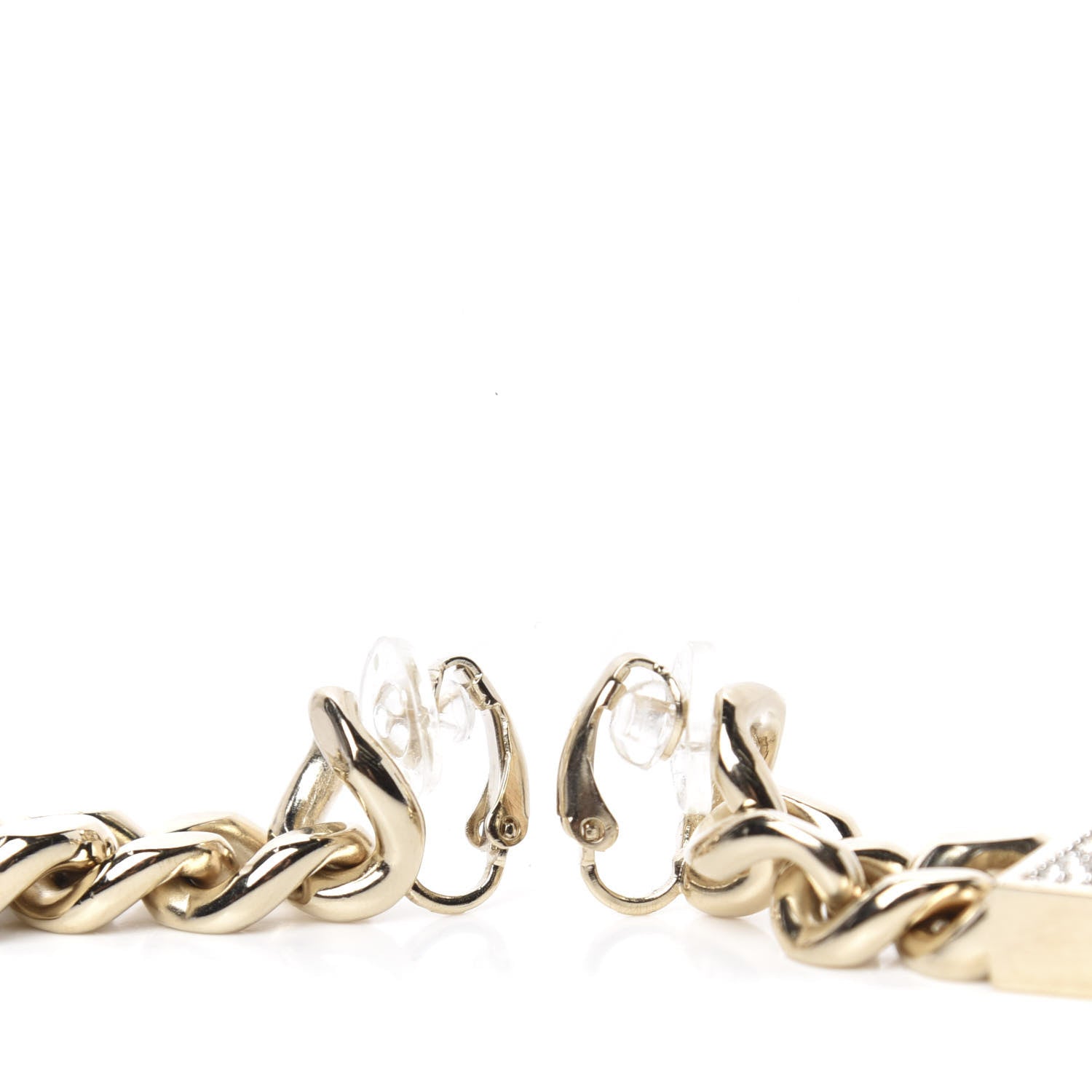 Chanel Crystal Dog Tag Charm Clip On Earrings Gold 4 of 5