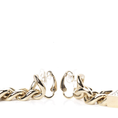 Chanel Crystal Dog Tag Charm Clip On Earrings Gold 4 of 5