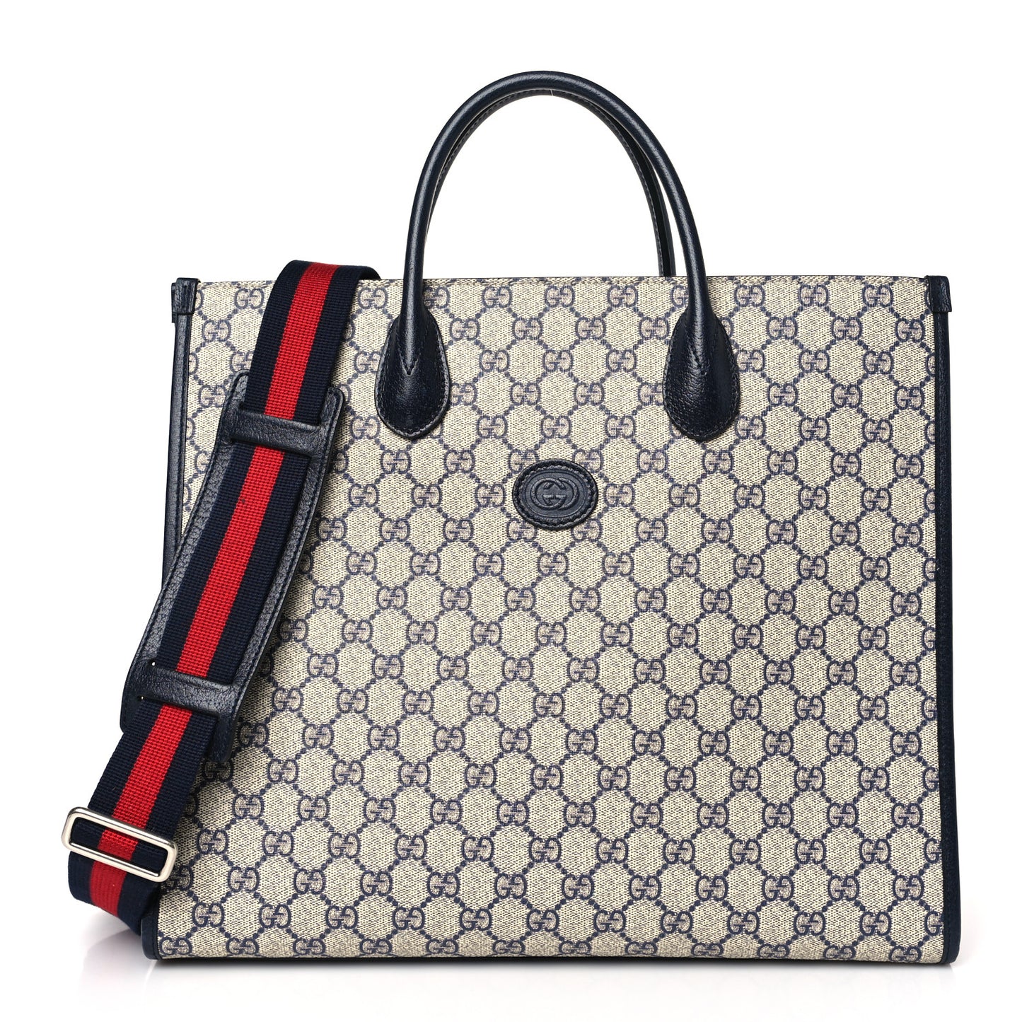 GG Supreme Monogram Textured Dollar Calfskin Web Medium Retro Interlocking G Tote Bag Beige Blue