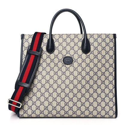 Gucci GG Supreme Monogram Textured Dollar Calfskin Web Medium Retro Interlocking G Tote Bag Beige Blue 1 of 12