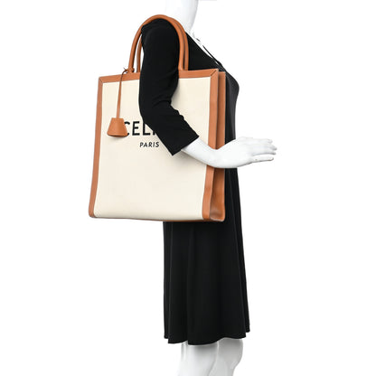 Celine Canvas Calfskin Logo Print Vertical Cabas Natural Tan 2 of 11