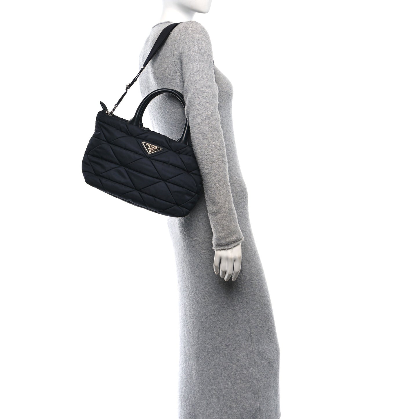 Re-Nylon Nappa Triangle Quilted Padded Small Double Handled Zip Tote Black