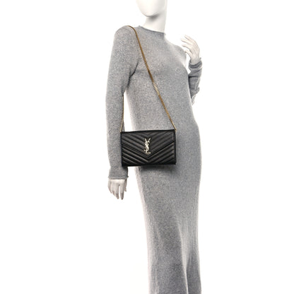 Saint Laurent Grain De Poudre Matelasse Chevron Monogram Chain Wallet Black 3 of 10