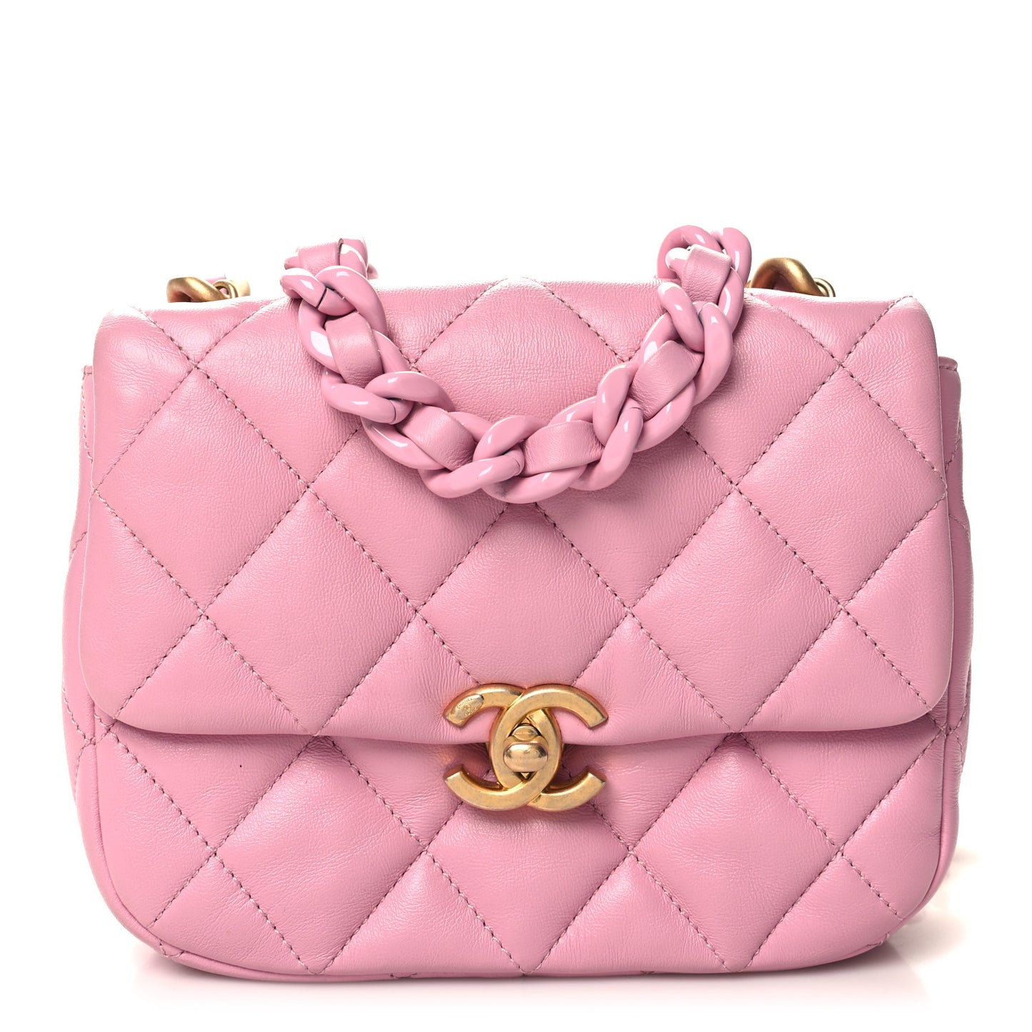 Lambskin Quilted Mini Lacquered Chain Flap Pink