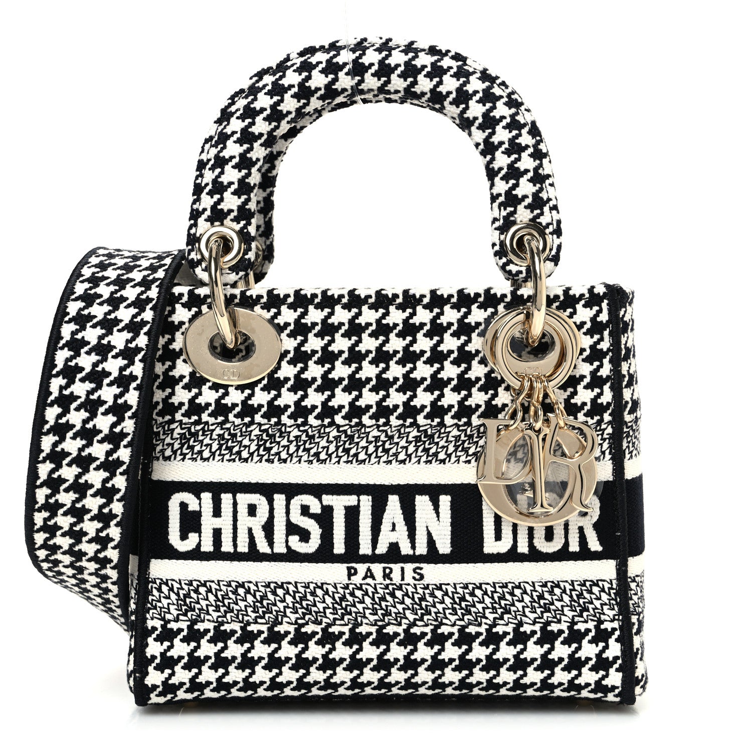 Christian Dior Canvas Houndstooth Embroidered Mini Lady D-Lite Black White 1 of 11