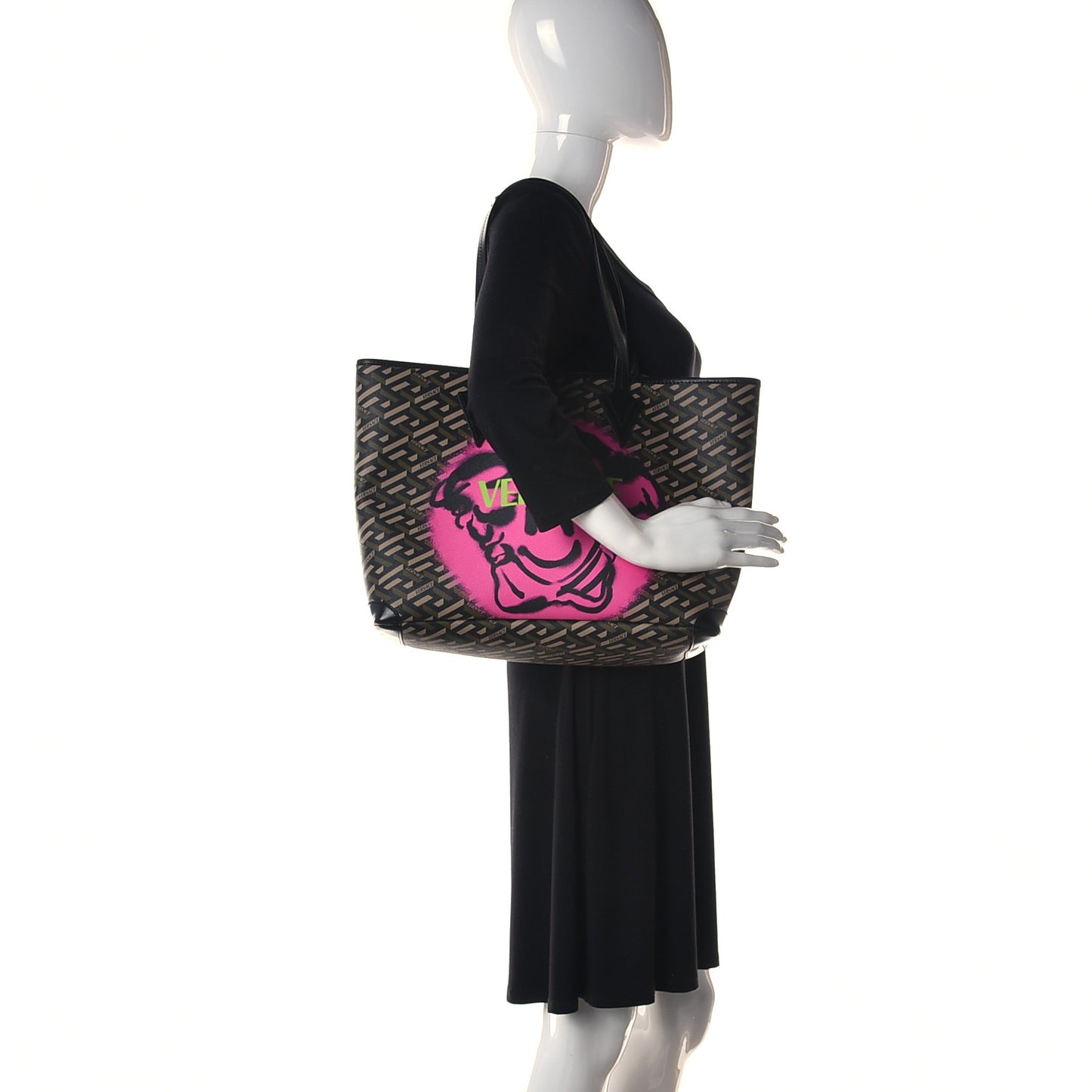 Canvas Calfskin Monogram La Greca Medusa Tote Black Khaki
