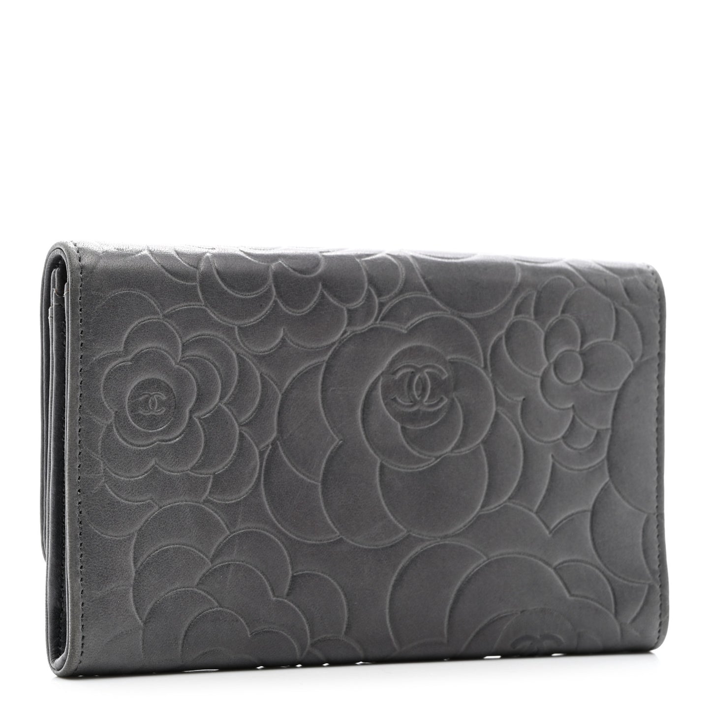 Lambskin Camellia Embossed Medium Wallet Grey