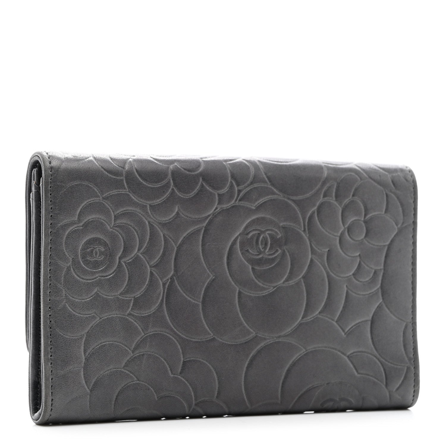 Chanel Lambskin Camellia Embossed Medium Wallet Grey 3 of 11