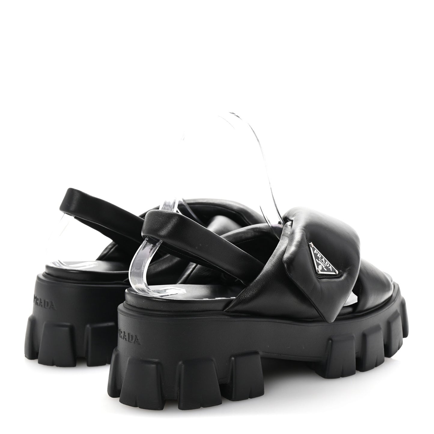Nappa Soft Metal Triangle Logo Padded Monolith 55mm Slingback Sandals 39 Black