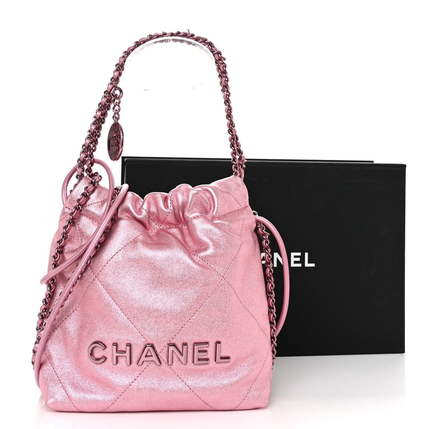 Chanel Metallic Lambskin Lacquered Monochrome Quilted Mini Chanel 22 Pink 11 of 11