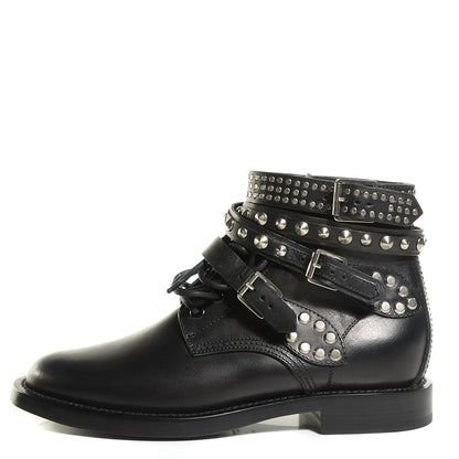 Saint Laurent Smooth Calfskin Studded Strap Ranger Boots 37 Black 1 of 8