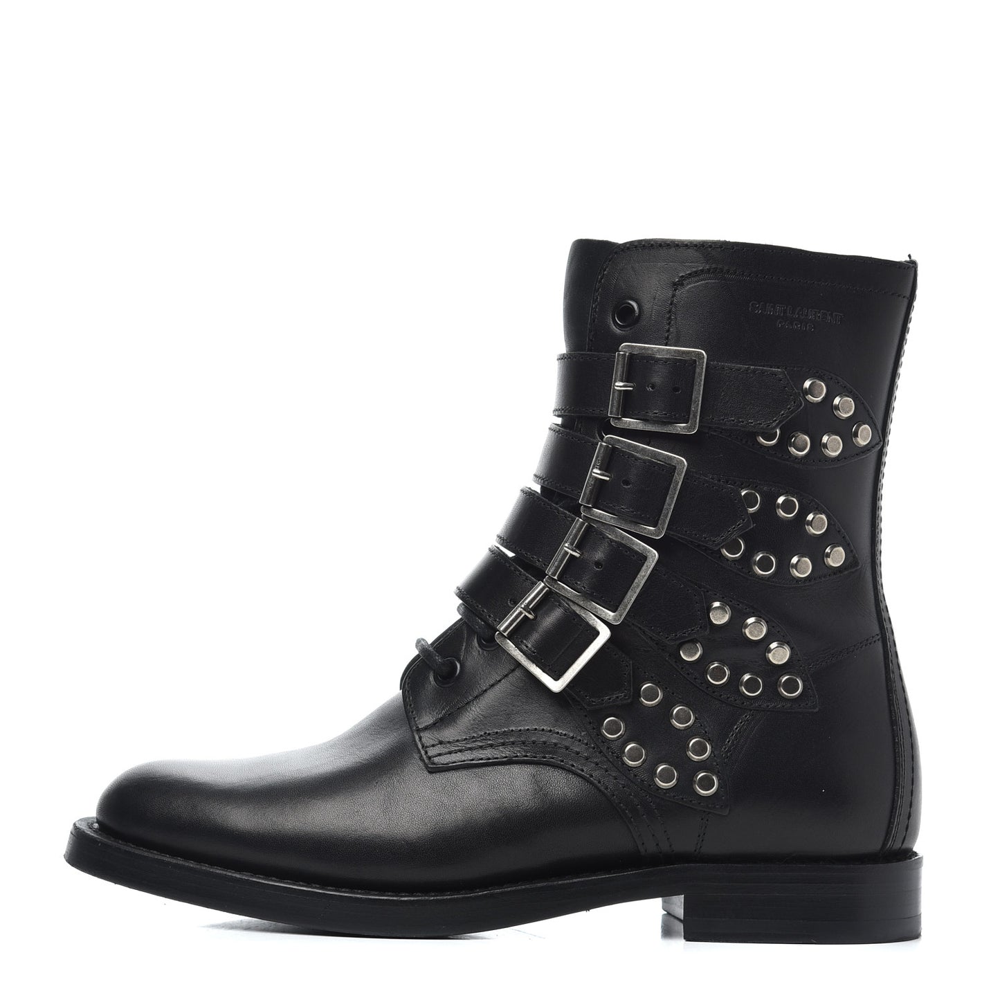 Smooth Calfskin Studded Strap Rangers Boots 37.5 Black
