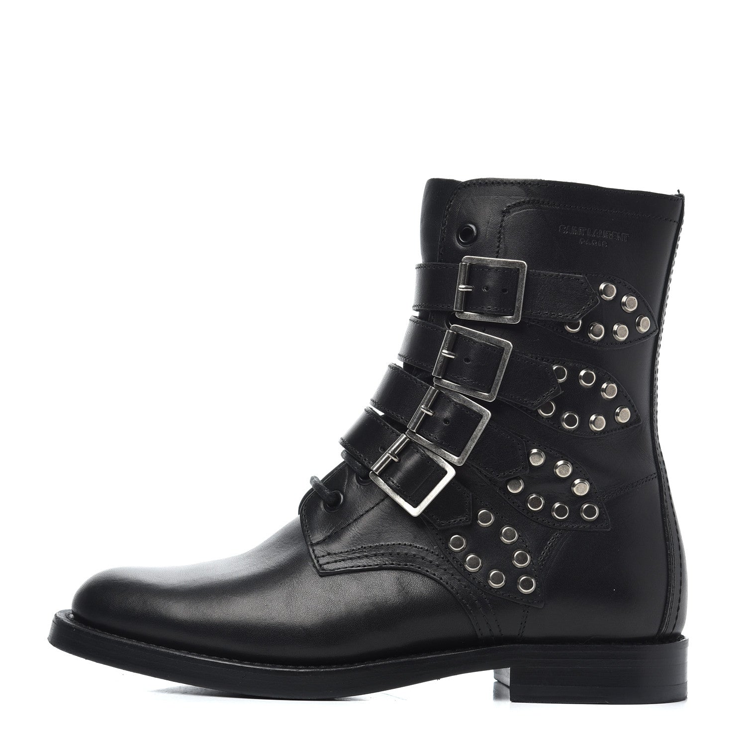 Saint Laurent Smooth Calfskin Studded Strap Rangers Boots 37.5 Black 1 of 16