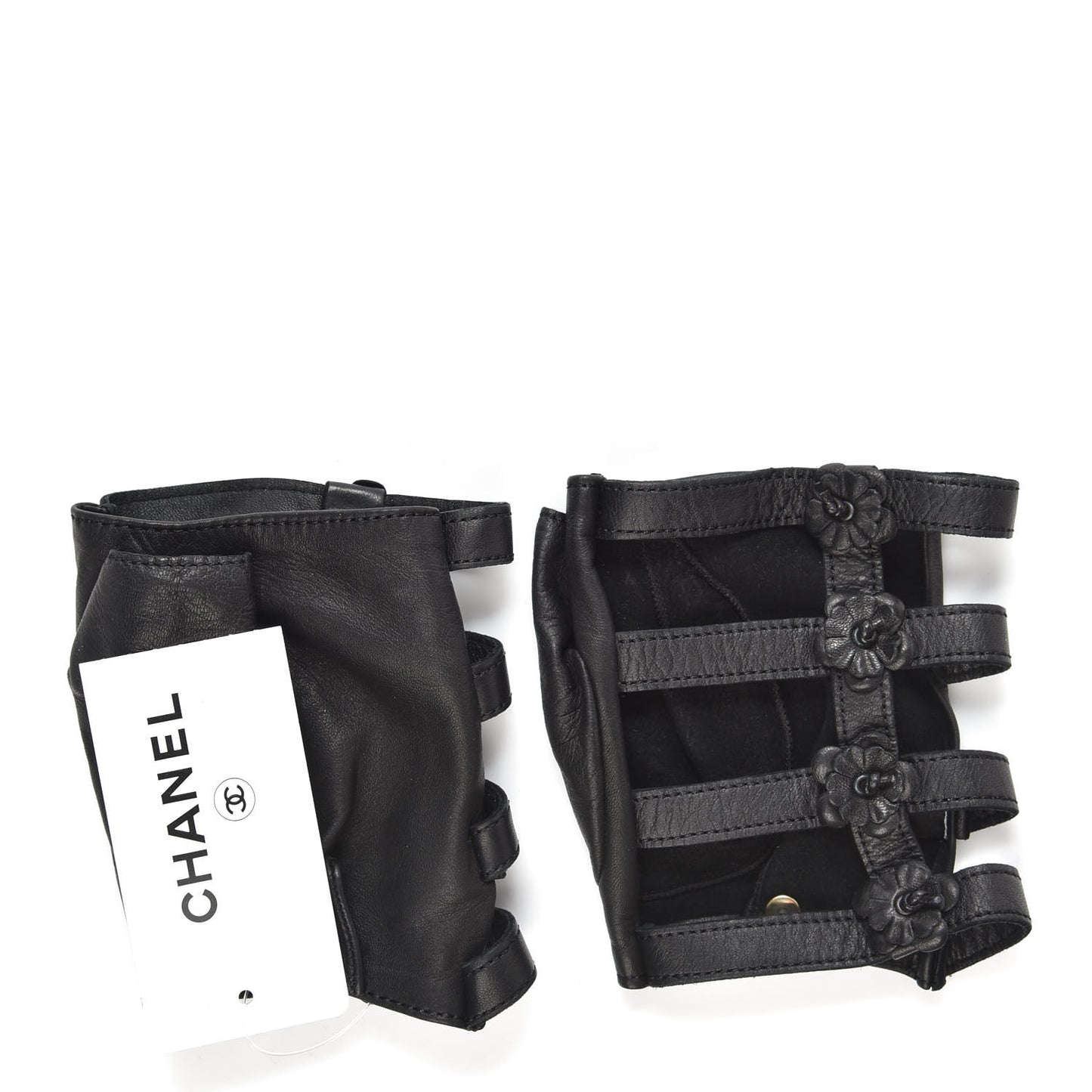 Lambskin Camellia Fingerless Gloves 8 Black