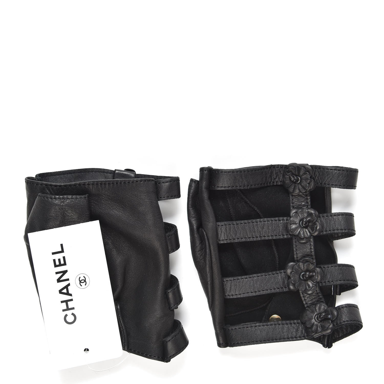Chanel Lambskin Camellia Fingerless Gloves 8 Black 2 of 5