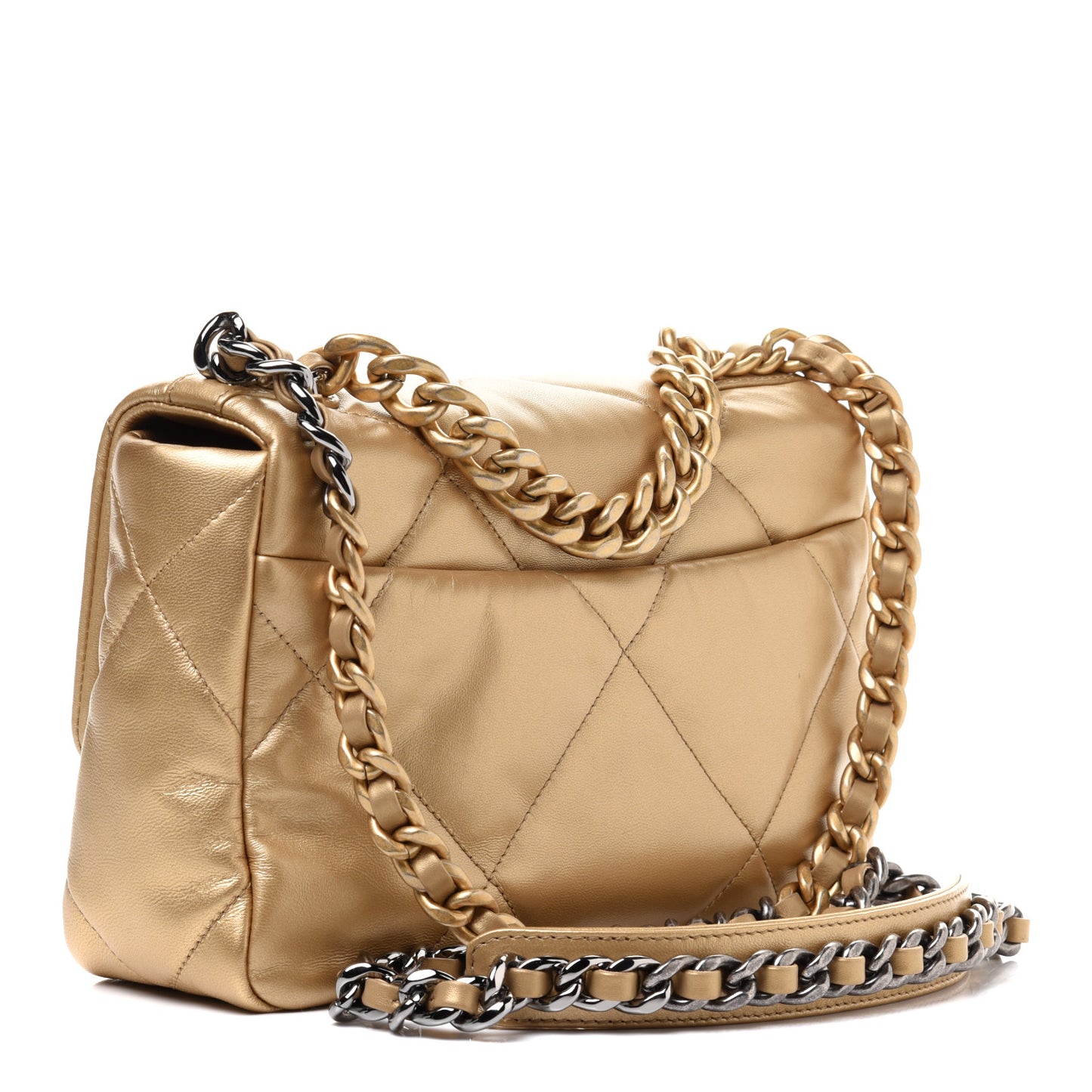 Metallic Goatskin Quilted Medium Chanel 19 Flap Gold