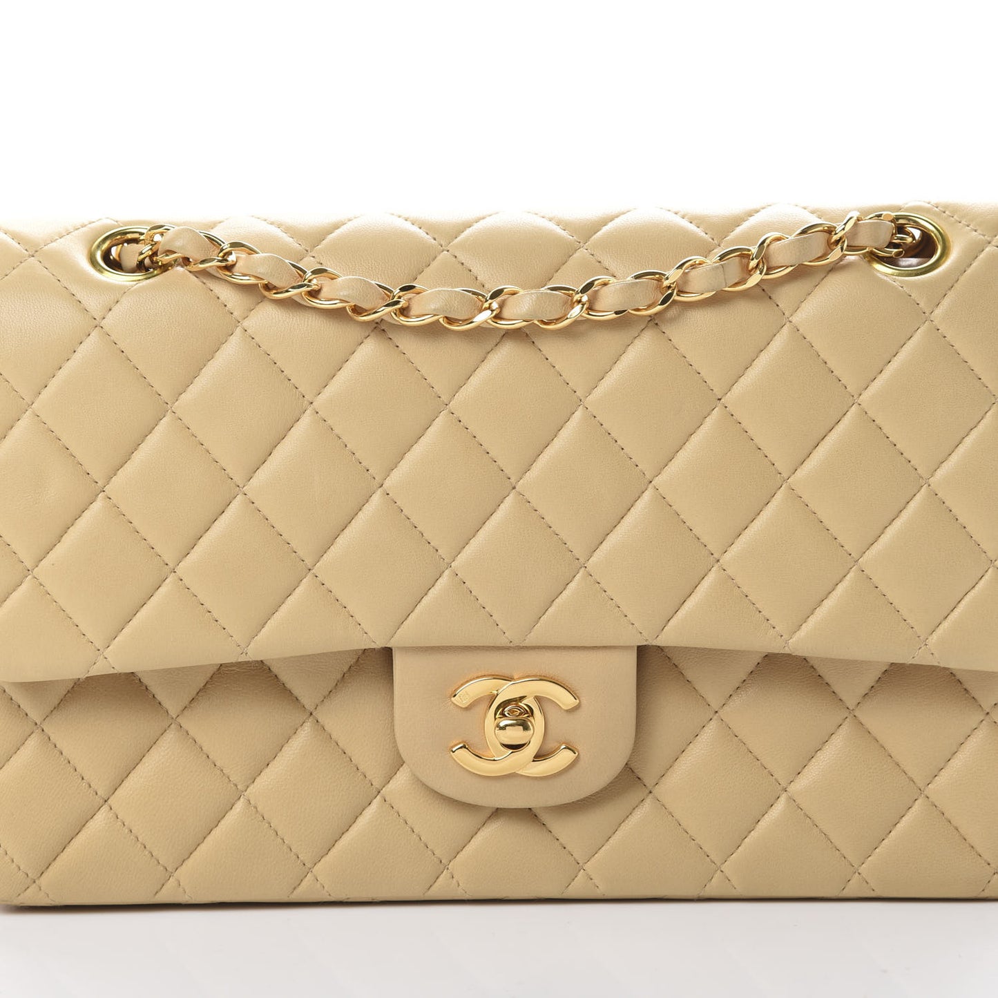 Lambskin Quilted Medium Double Flap Beige