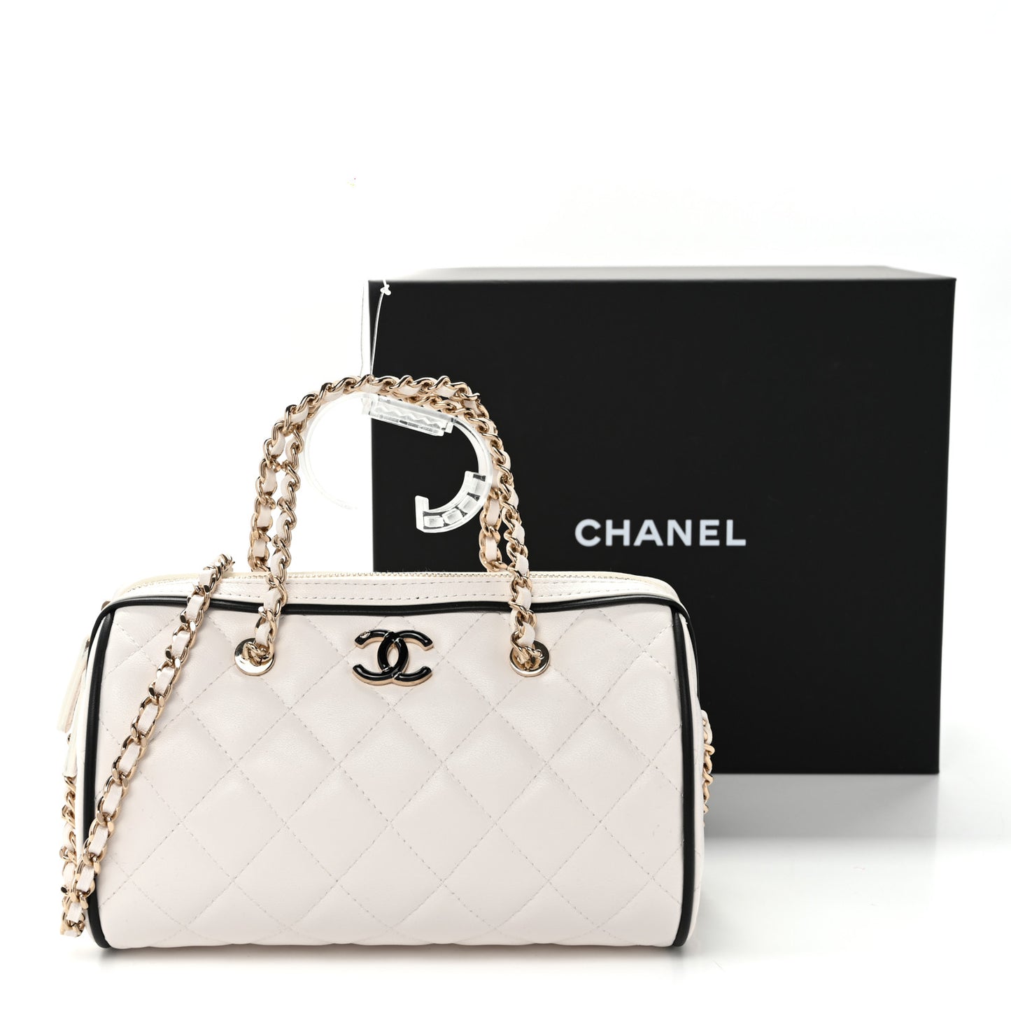 Lambskin Quilted Resin CC Mini Bowling Clutch With Chain White Black