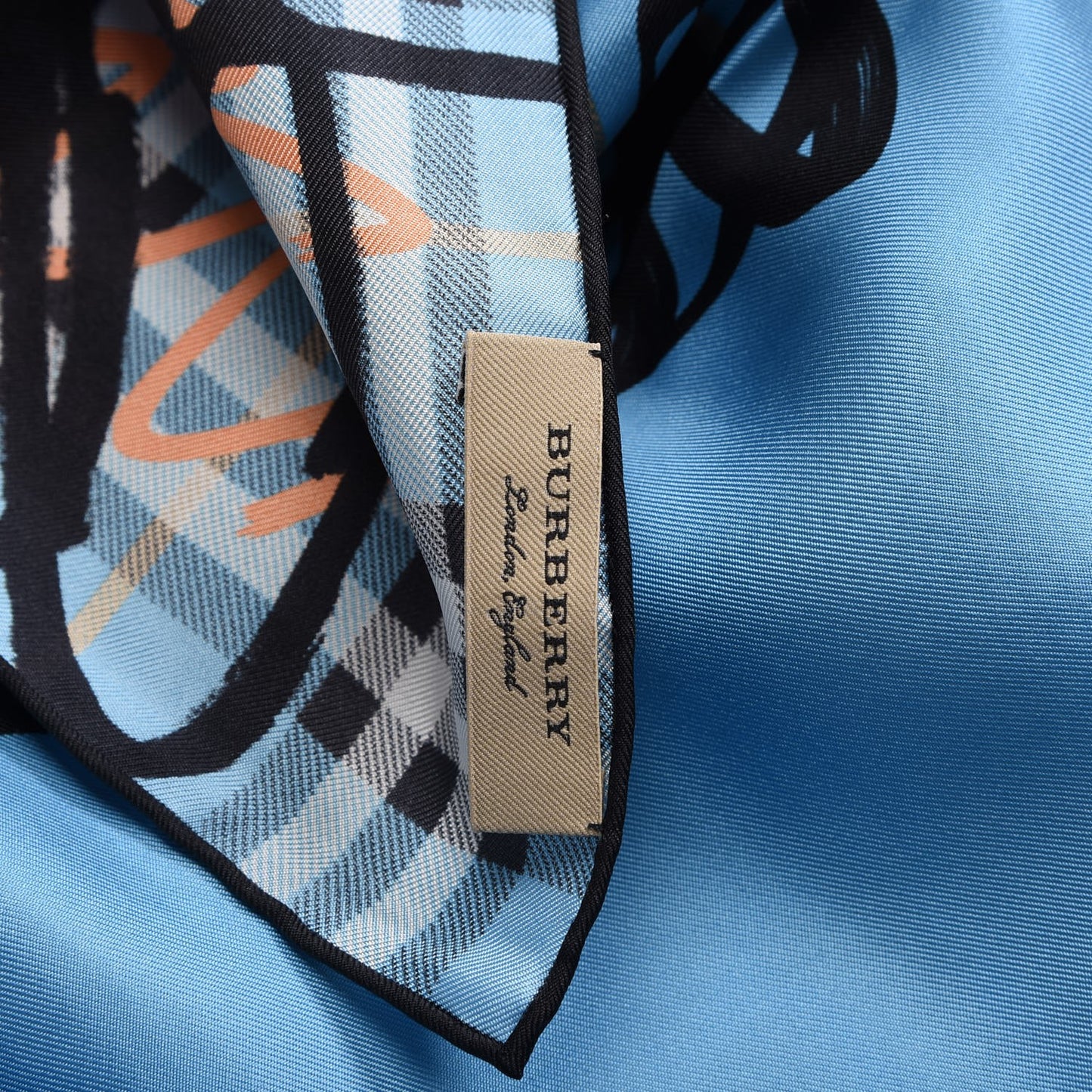 Silk Vintage Check Scribble Print Scarf Light Azure
