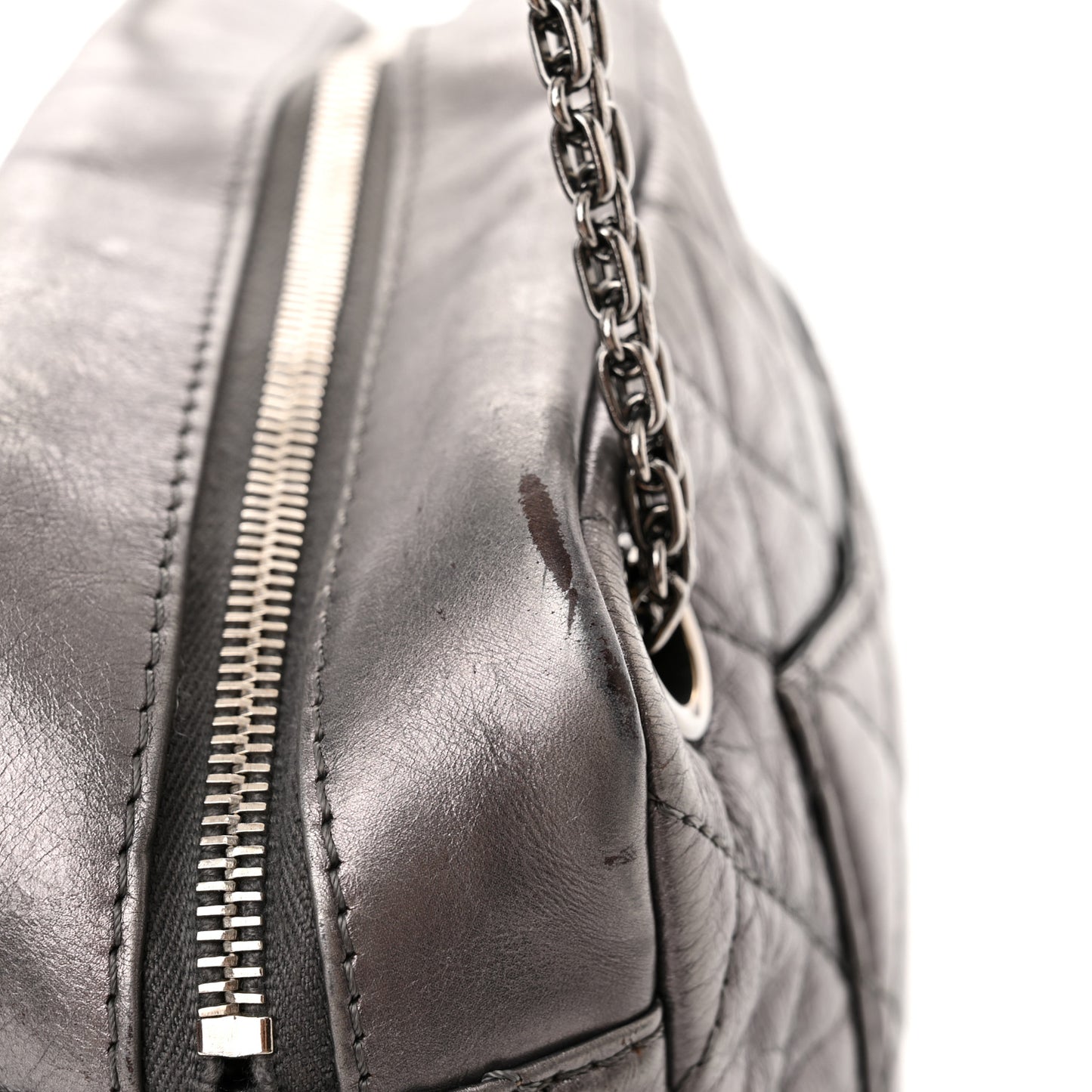 Metallic Aged Calfskin Quilted Medium Reissue Camera Case Dark Silver