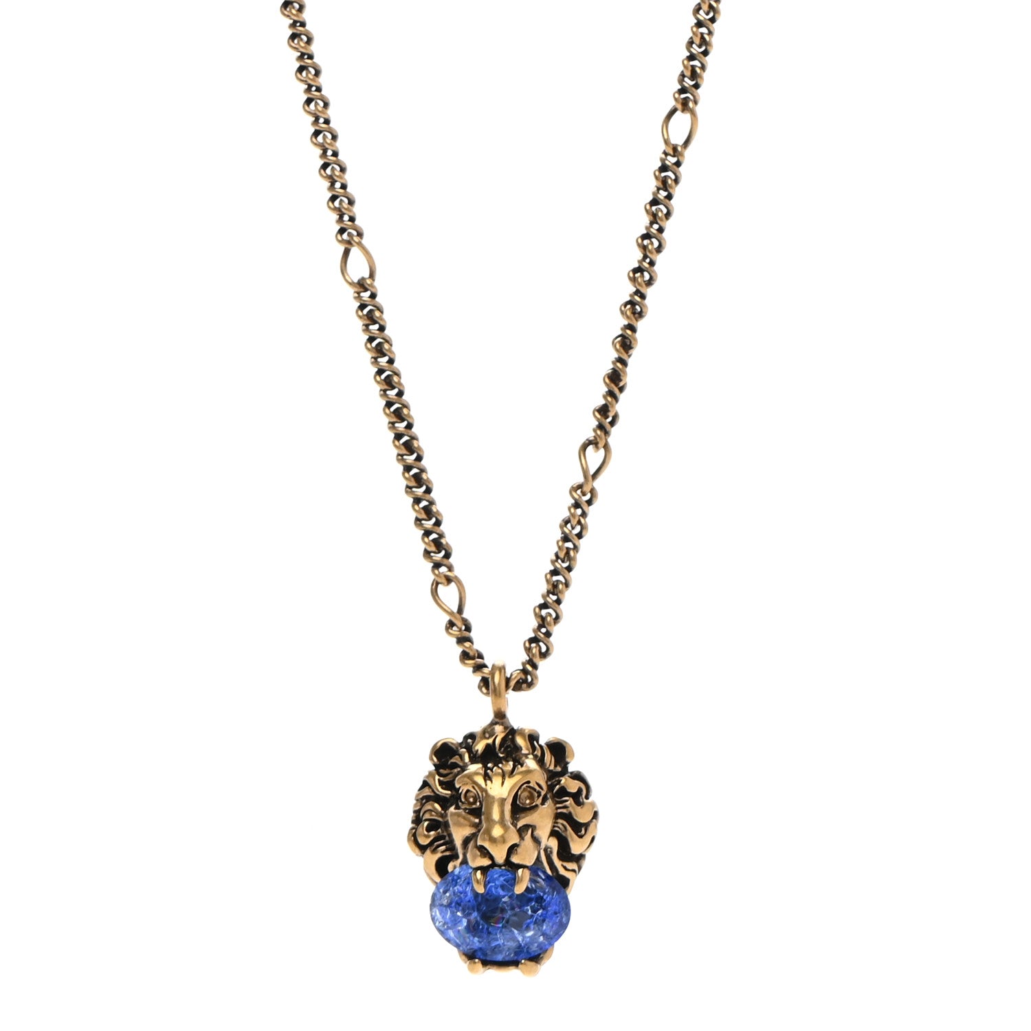 Gucci Metal Brass Swarovski Lion Head Necklace Gold Sapphire Blue 1 of 7