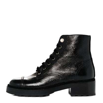 Chanel Shiny Calfskin Velvet Pearl Combat Short Boots 39 Black 1 of 8