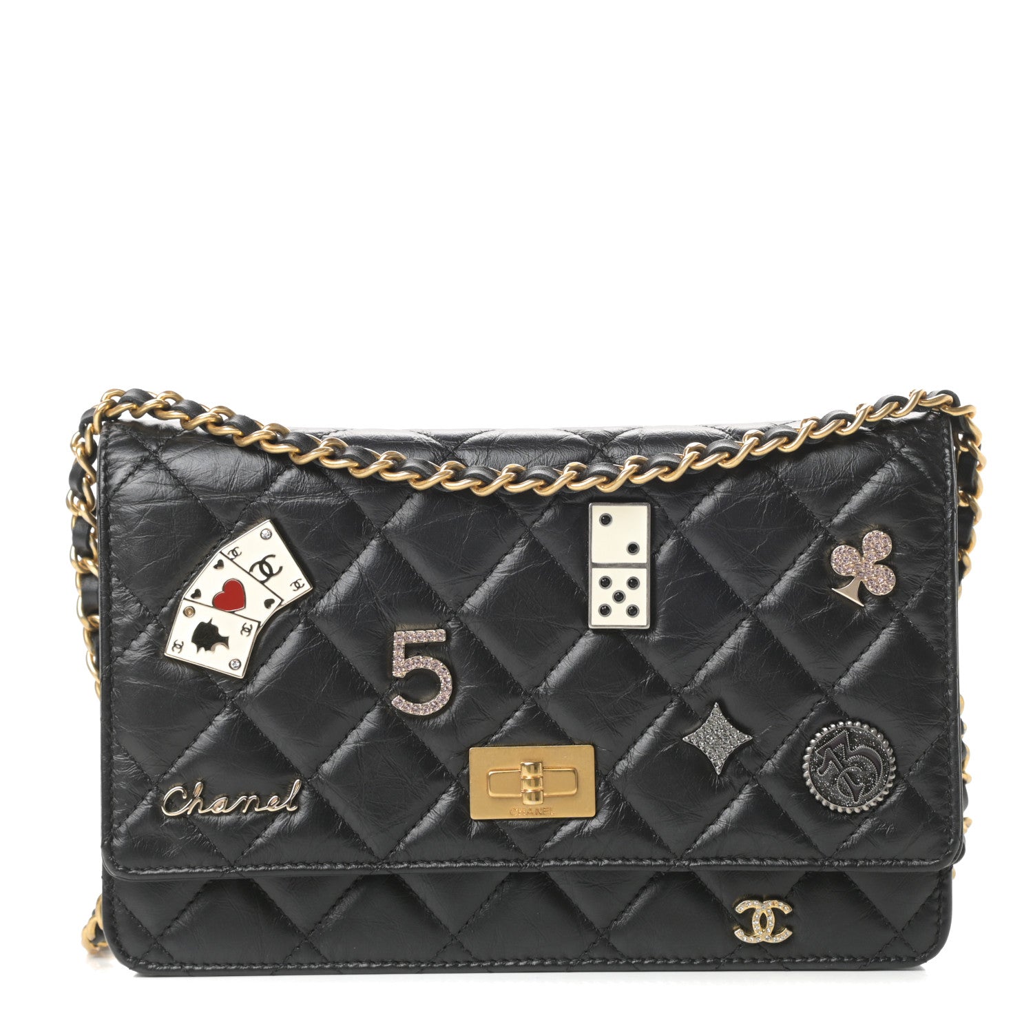 Chanel Aged Calfskin Quilted Lucky Charms Casino 2.55 Reissue Wallet On Chain WOC Black 1 of 13