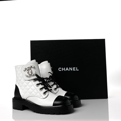 Chanel Shiny Goatskin Calfskin Quilted Lace Up Combat Boots 37 Black White 10 of 10