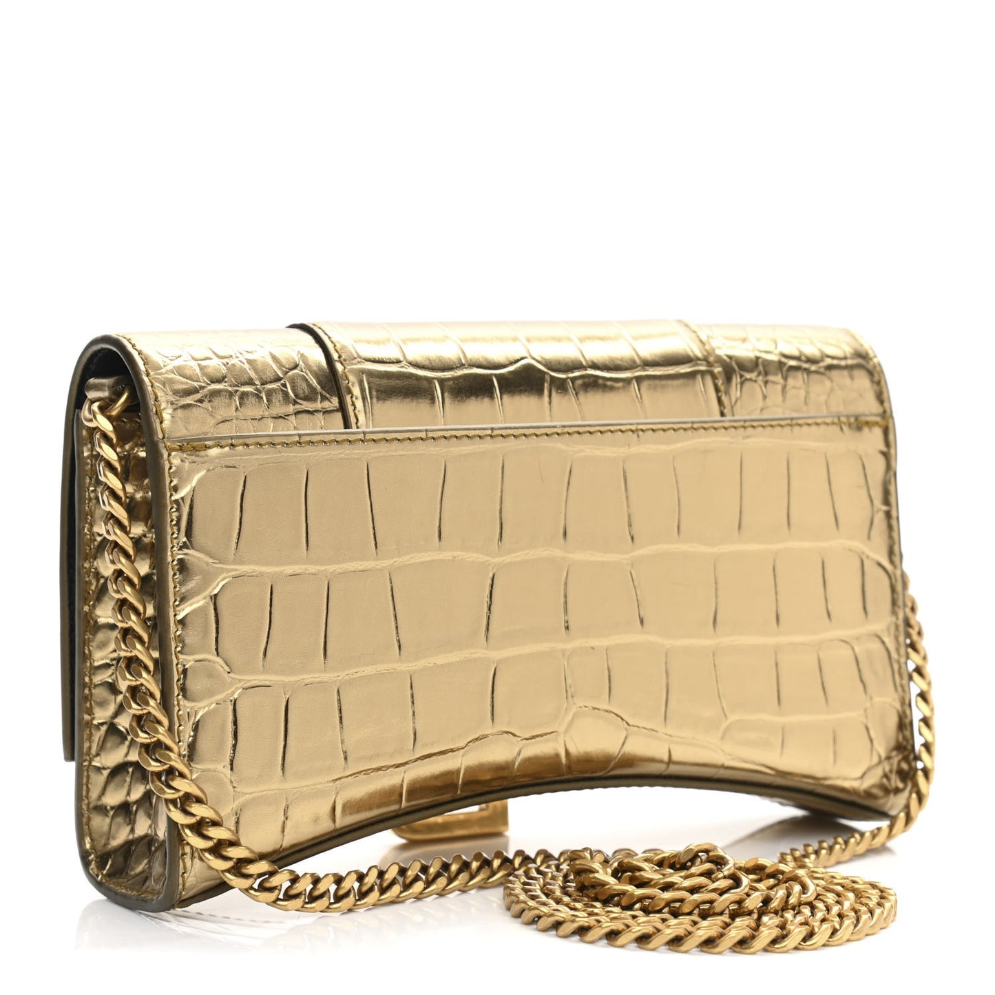Metallic Calfskin Crocodile Embossed Hourglass Chain Bag Gold