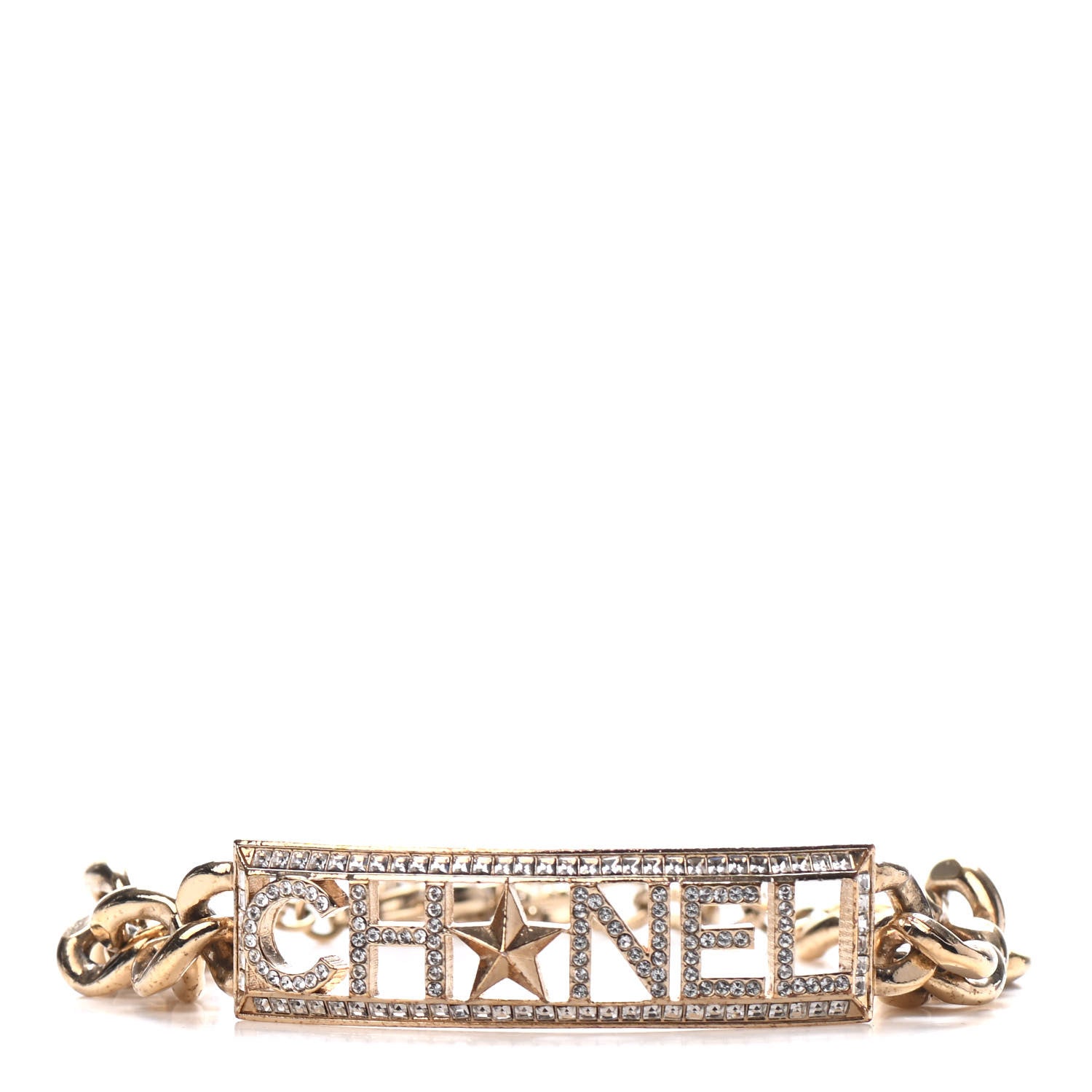 Chanel Crystal Chain Baguette Logo Star Bracelet Gold 1 of 3