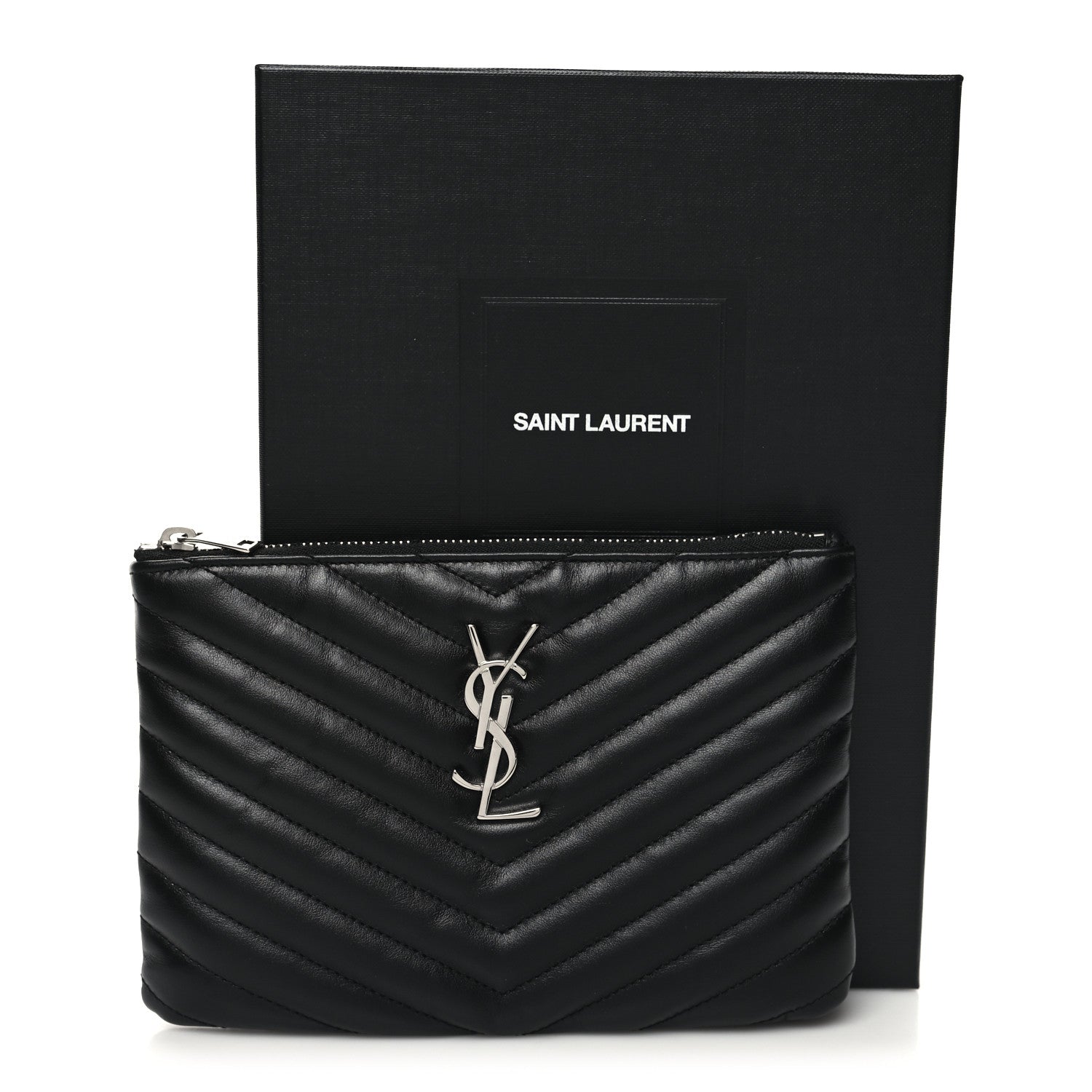Saint Laurent Calfskin Matelasse Chevron Monogram Pouch Black 11 of 11