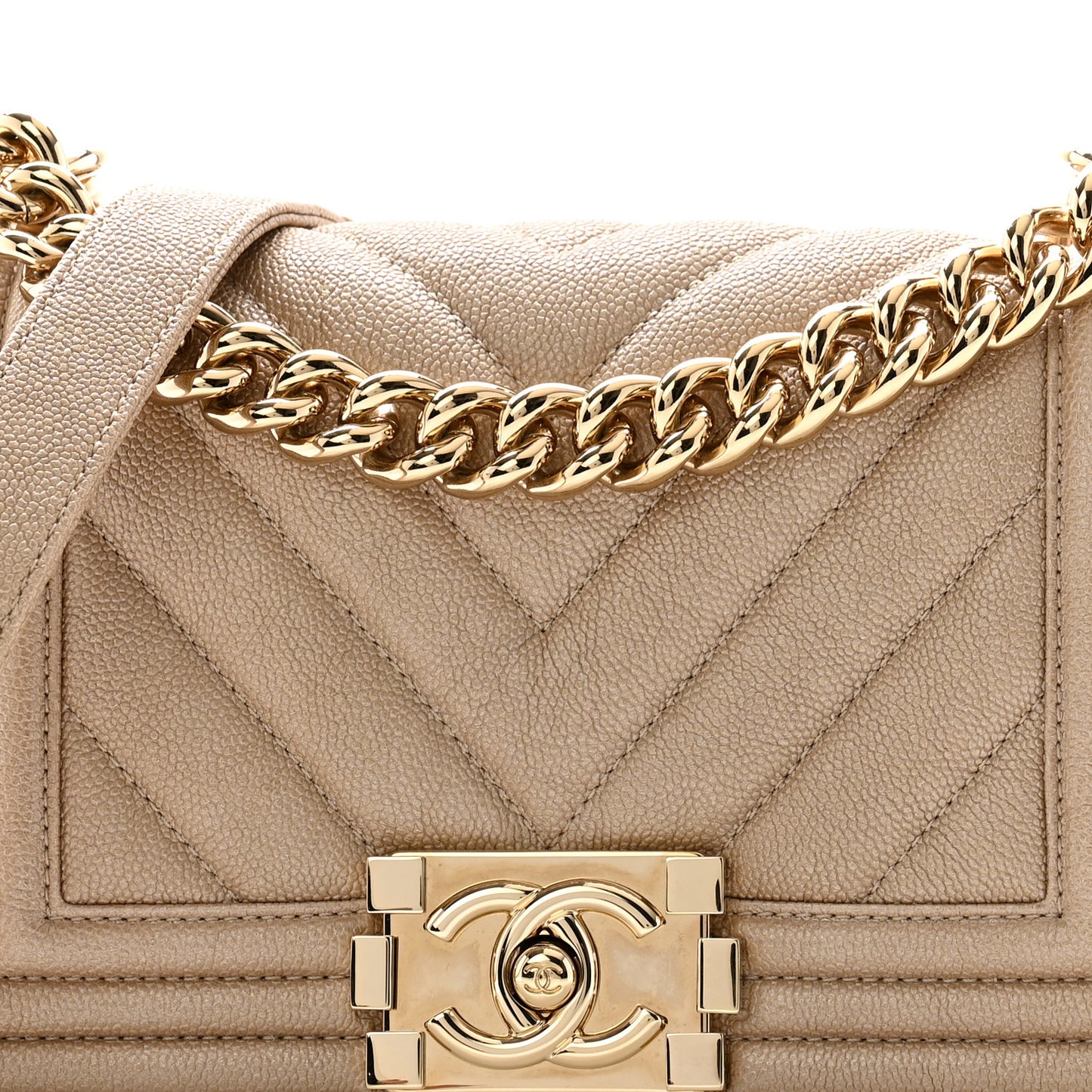 Iridescent Caviar Chevron Quilted Small Boy Flap Beige