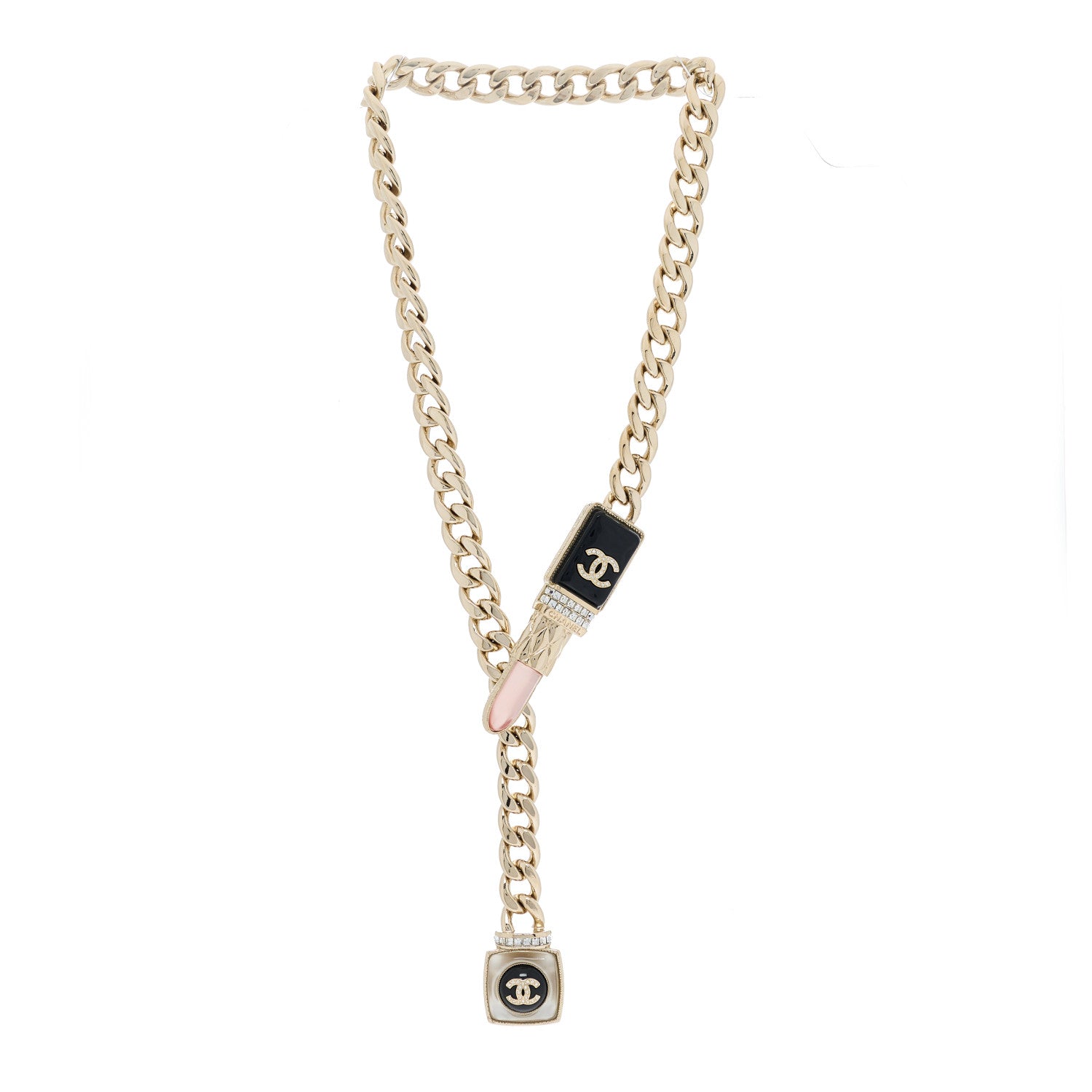 Chanel Metal Strass Pearl Lipstick Necklace Pink Gold 2 of 3