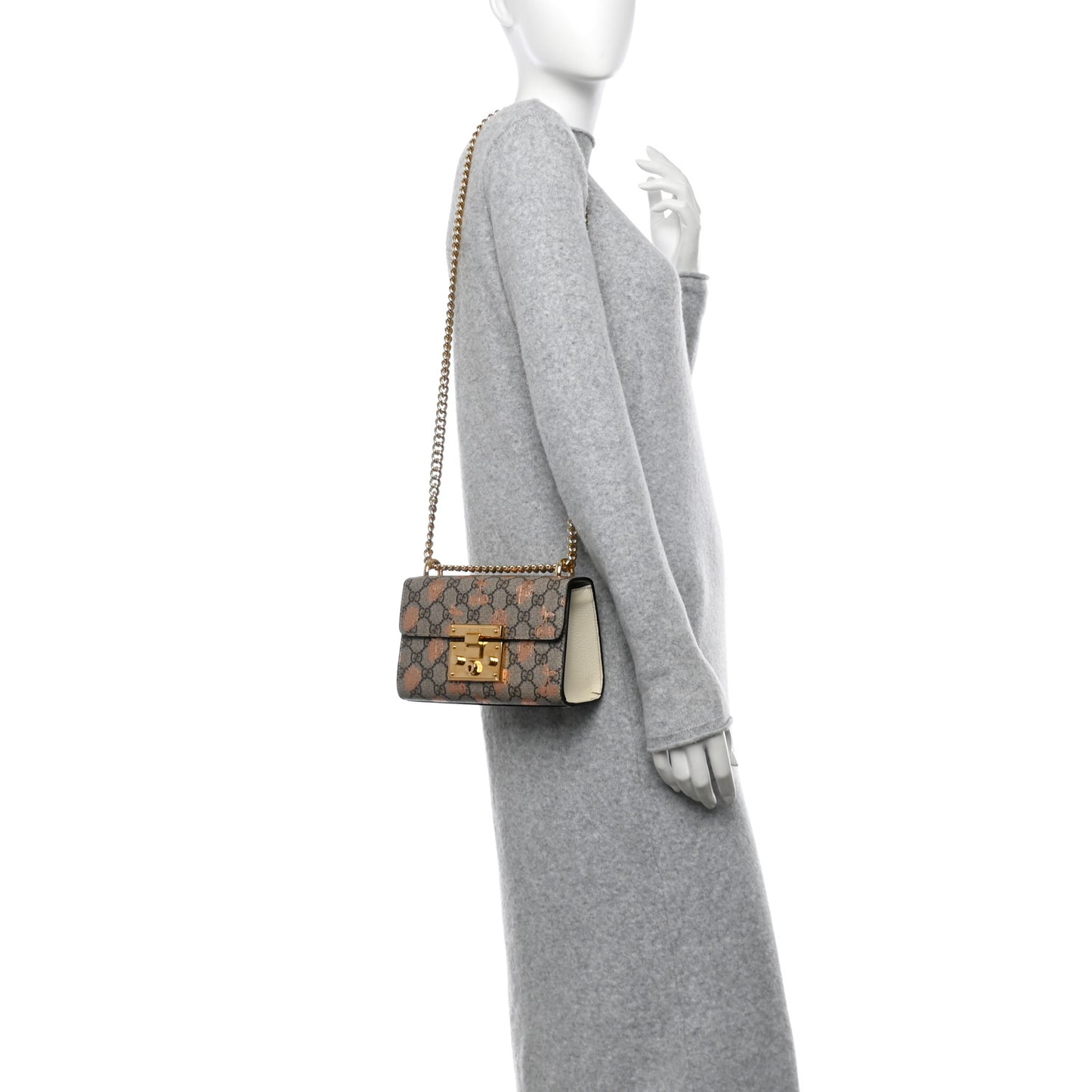 GG Supreme Monogram Berry Textured Dollar Calfskin Small Padlock Shoulder Bag Beige Ebony Light Copper Mystic White