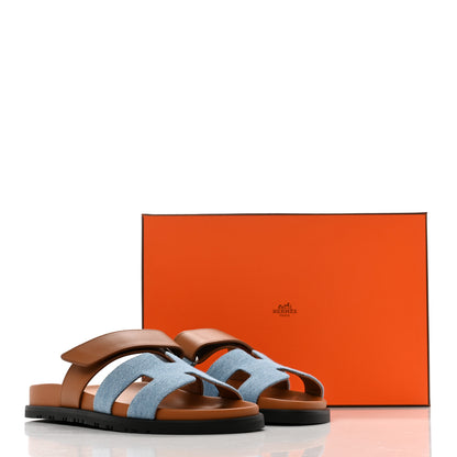 Hermes Denim Calfskin Womens Chypre Sandals 37.5 Bleu Clair Naturel 9 of 9
