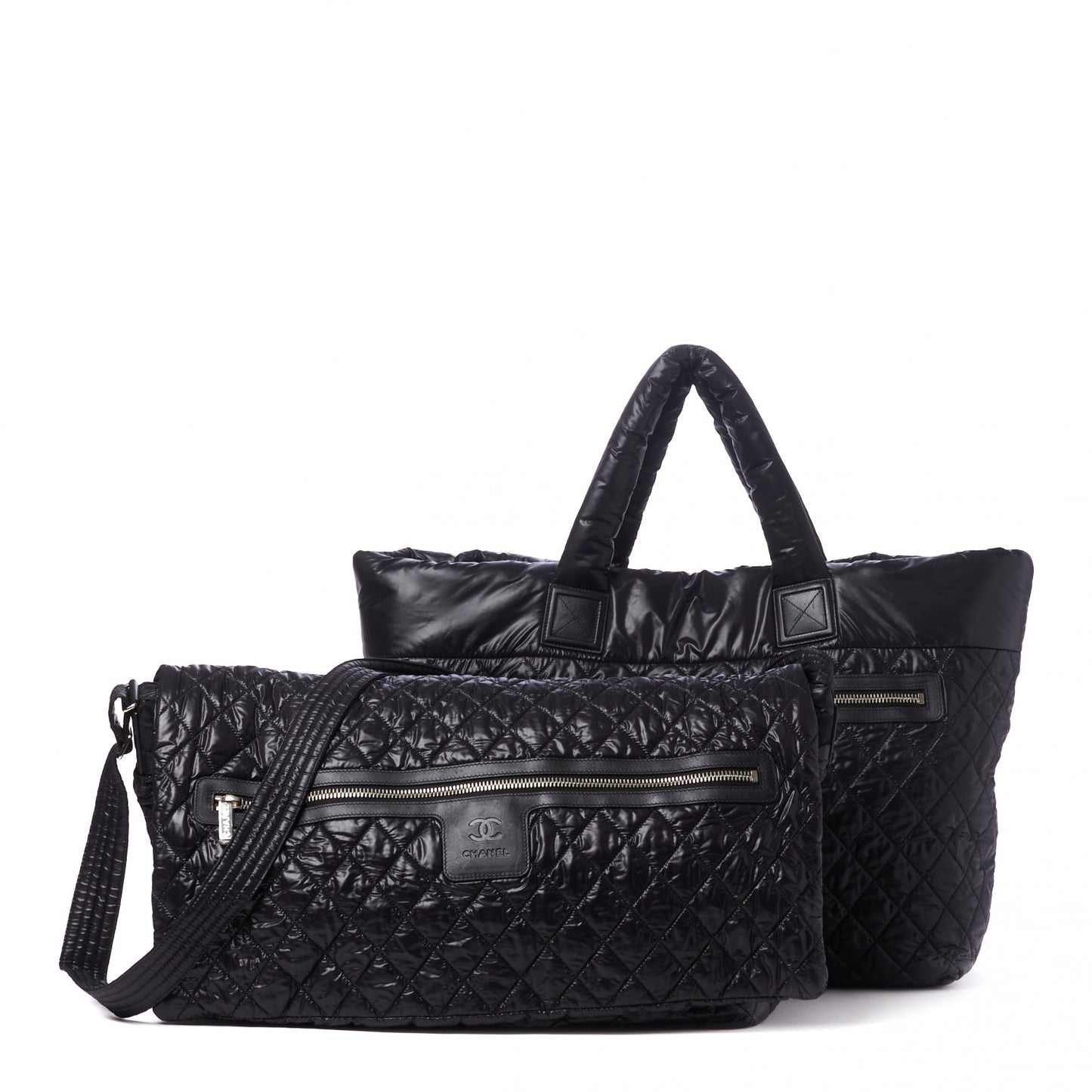 Nylon Quilted Large Coco Cocoon Shopping Tote and Messenger Bag Black